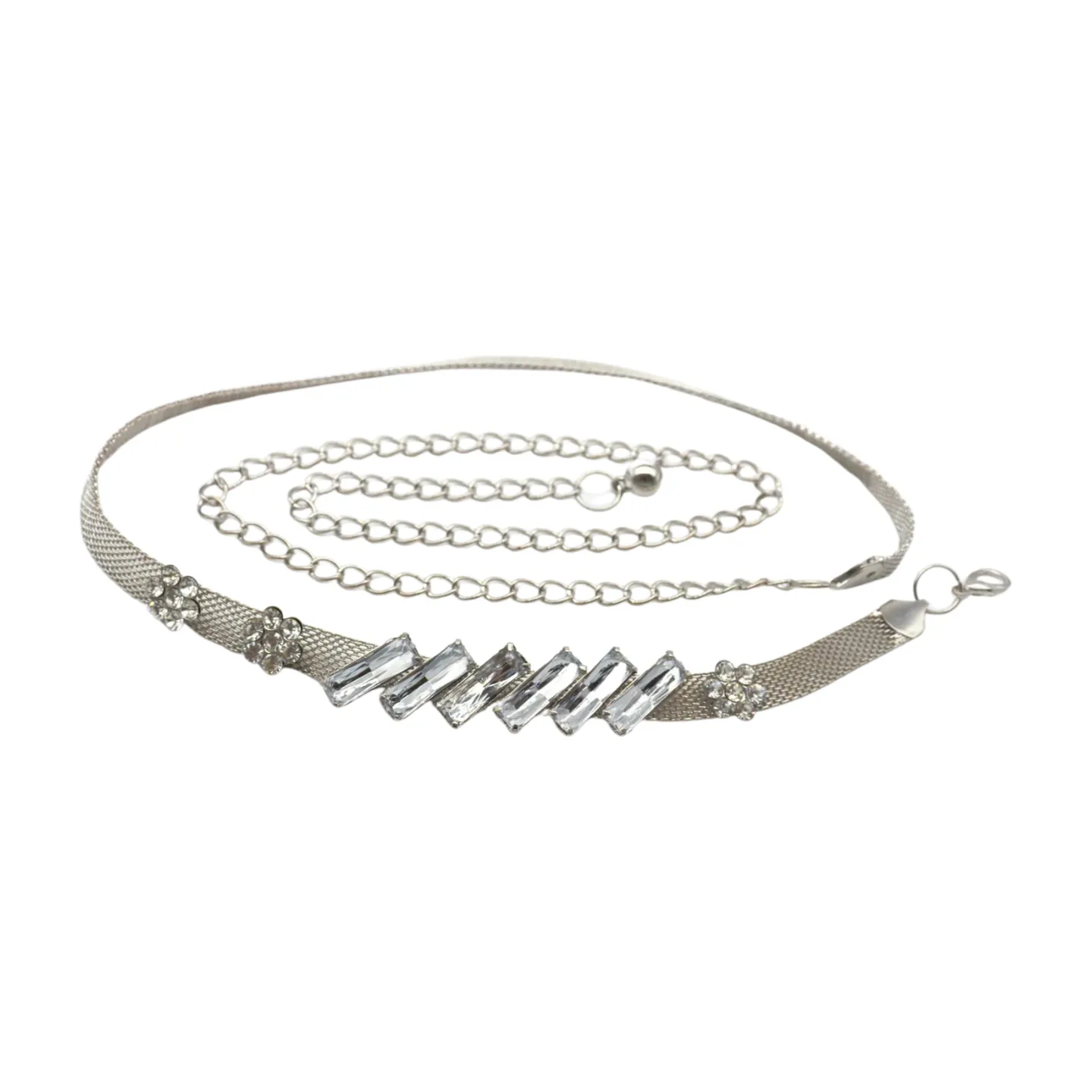 Silver Metal Chain Belt Flower Charms Long Beads S M L
