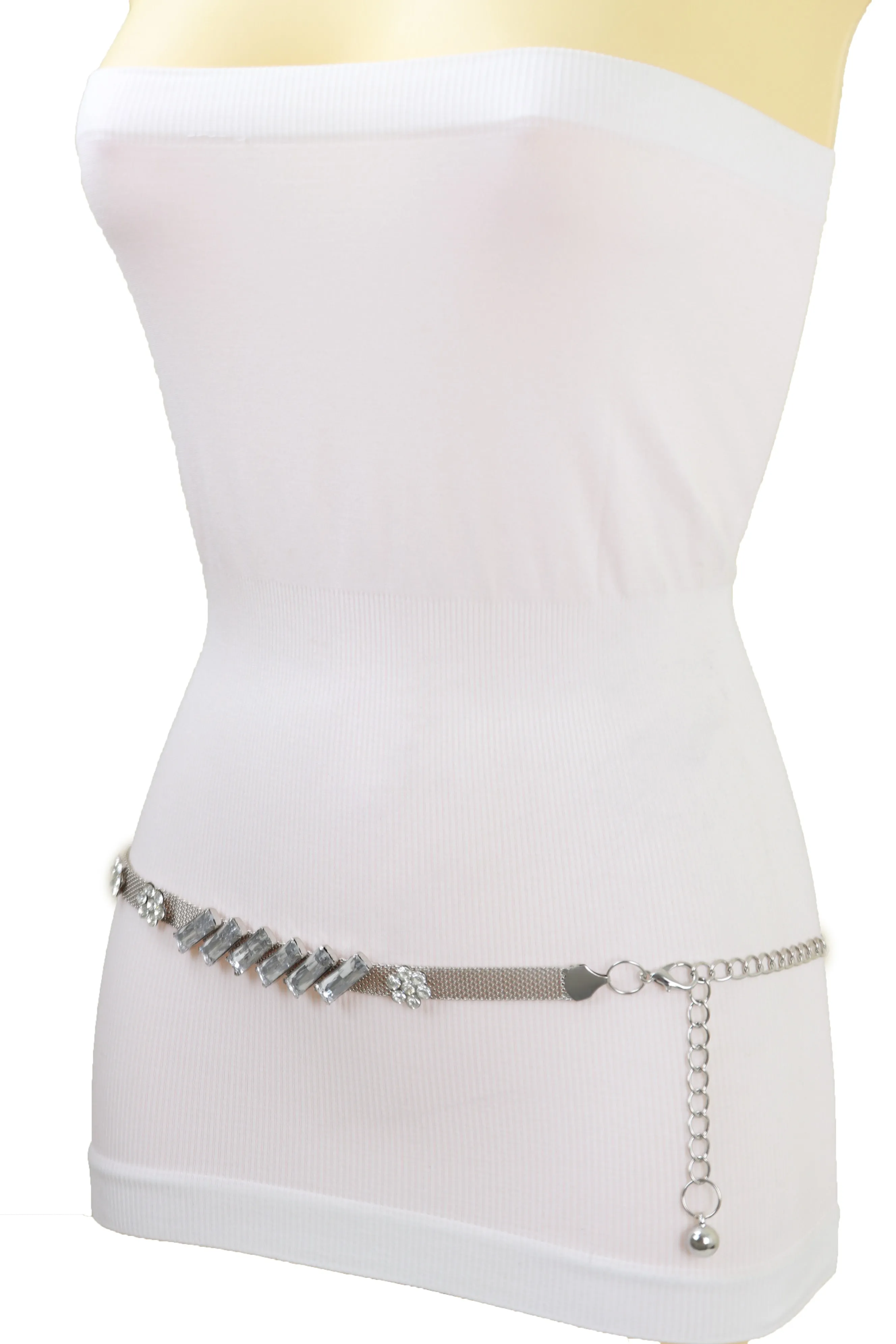 Silver Metal Chain Belt Flower Charms Long Beads S M L