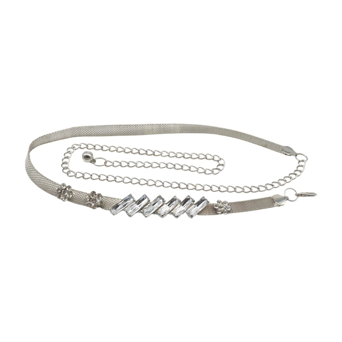 Silver Metal Chain Belt Flower Charms Long Beads S M L