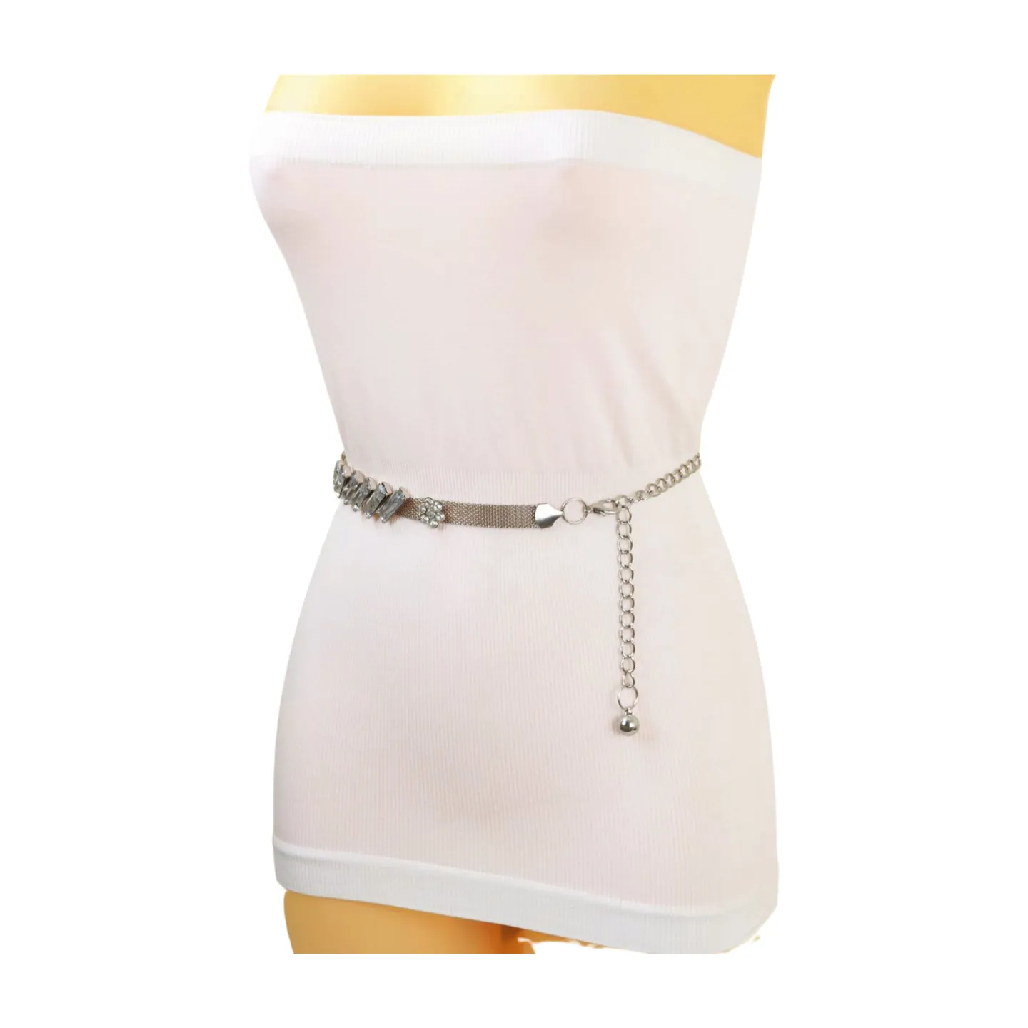 Silver Metal Chain Belt Flower Charms Long Beads S M L