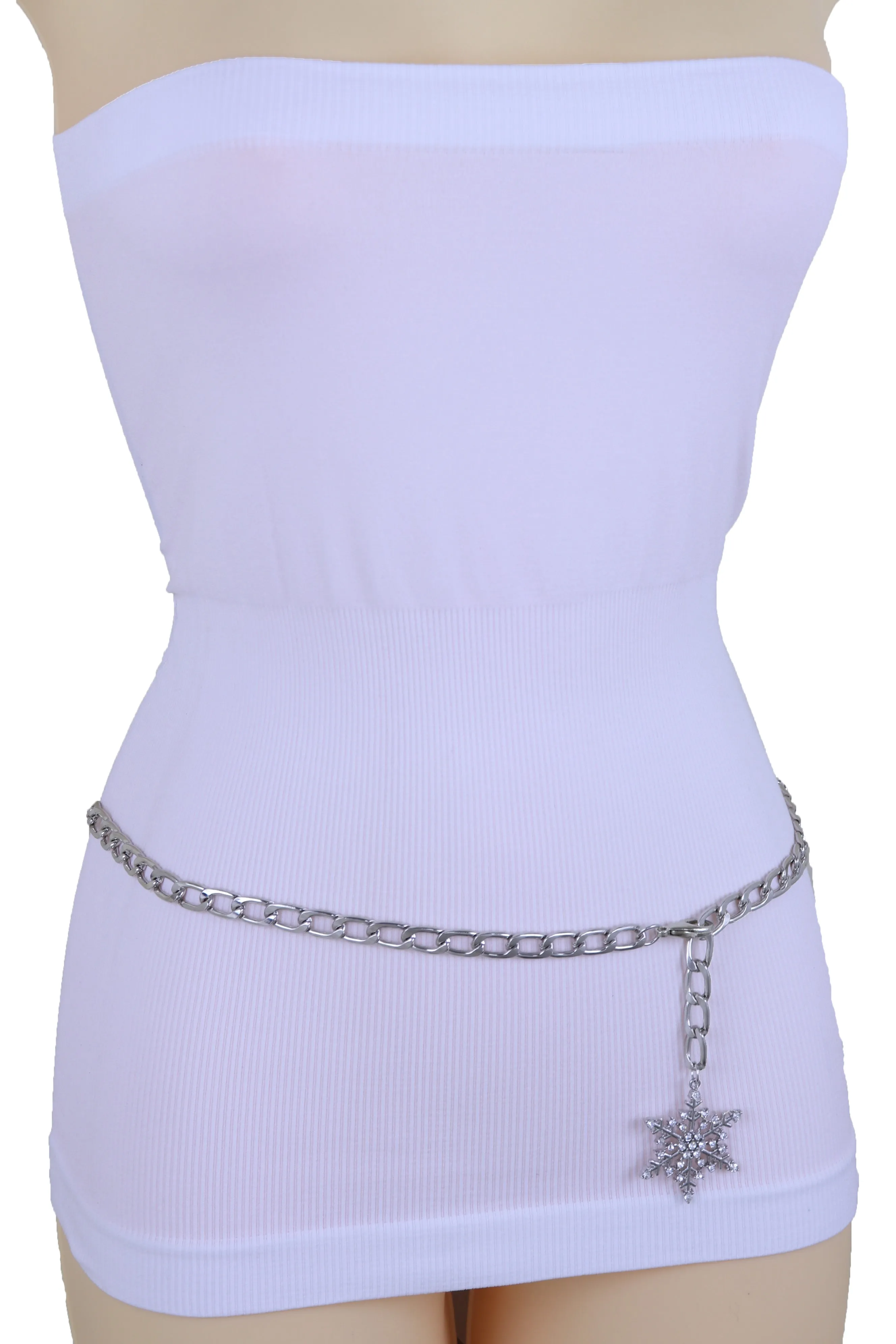 Silver Metal Chain Belt Flower Charms Long Beads S M L