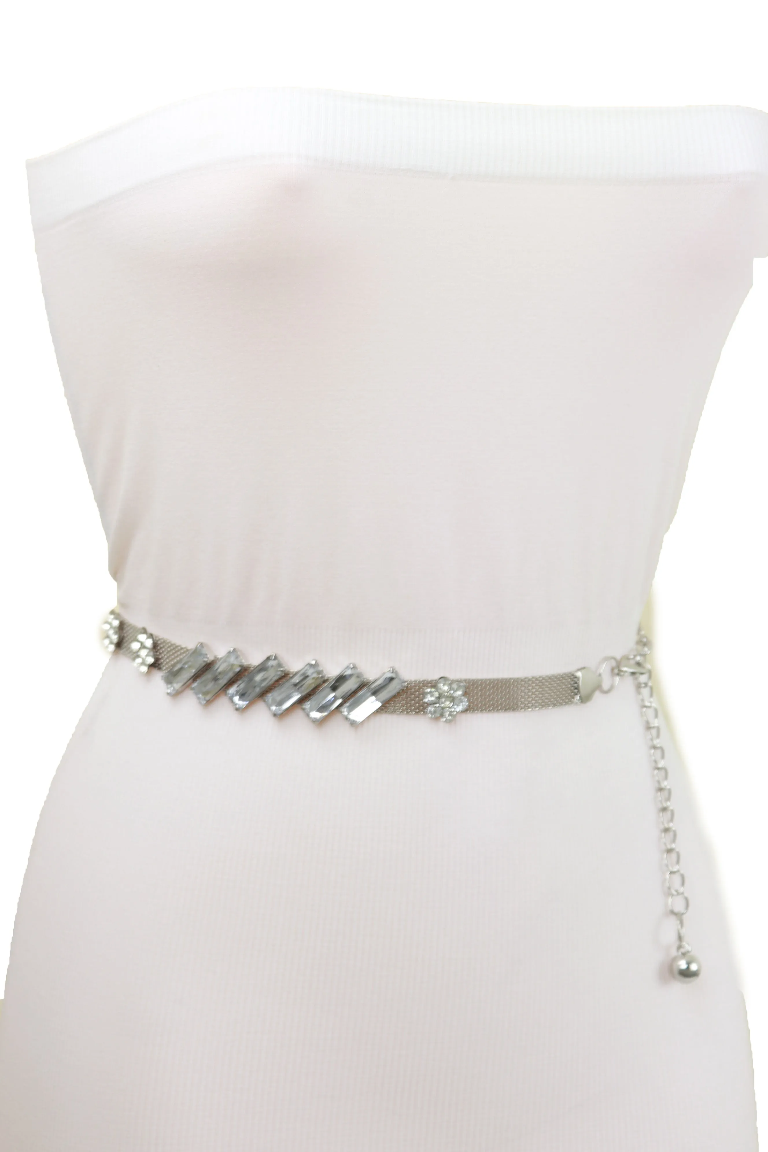 Silver Metal Chain Belt Flower Charms Long Beads S M L