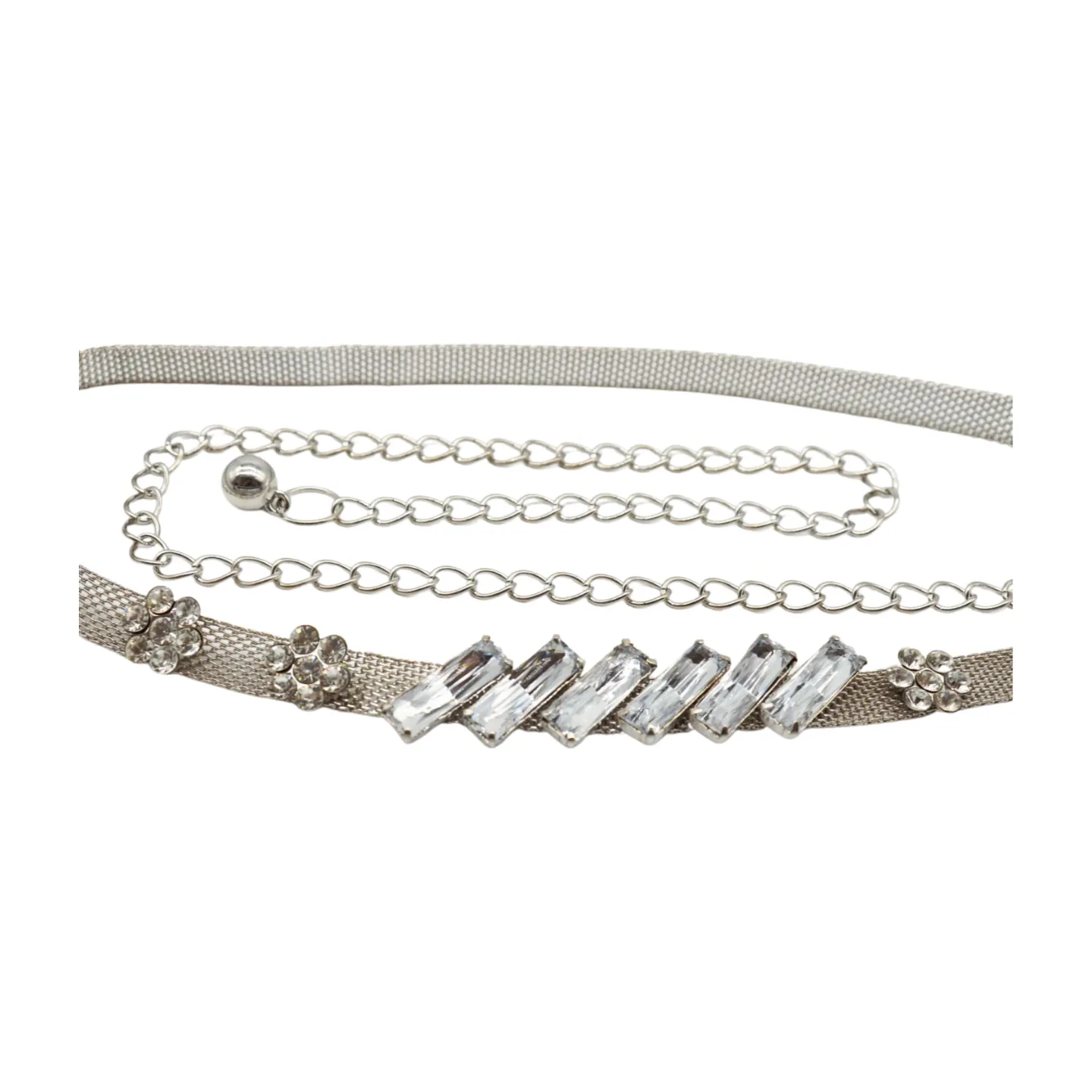 Silver Metal Chain Belt Flower Charms Long Beads S M L