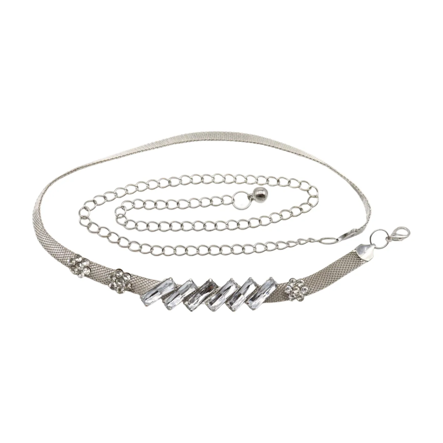 Silver Metal Chain Belt Flower Charms Long Beads S M L