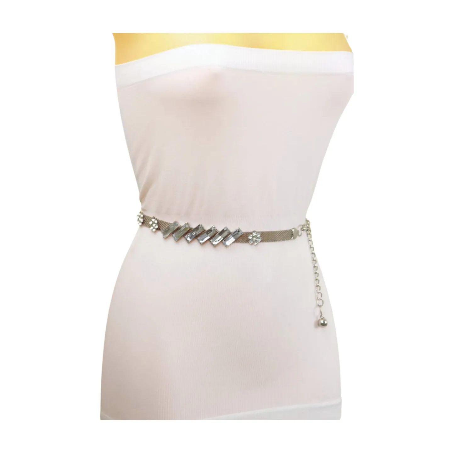 Silver Metal Chain Belt Flower Charms Long Beads S M L