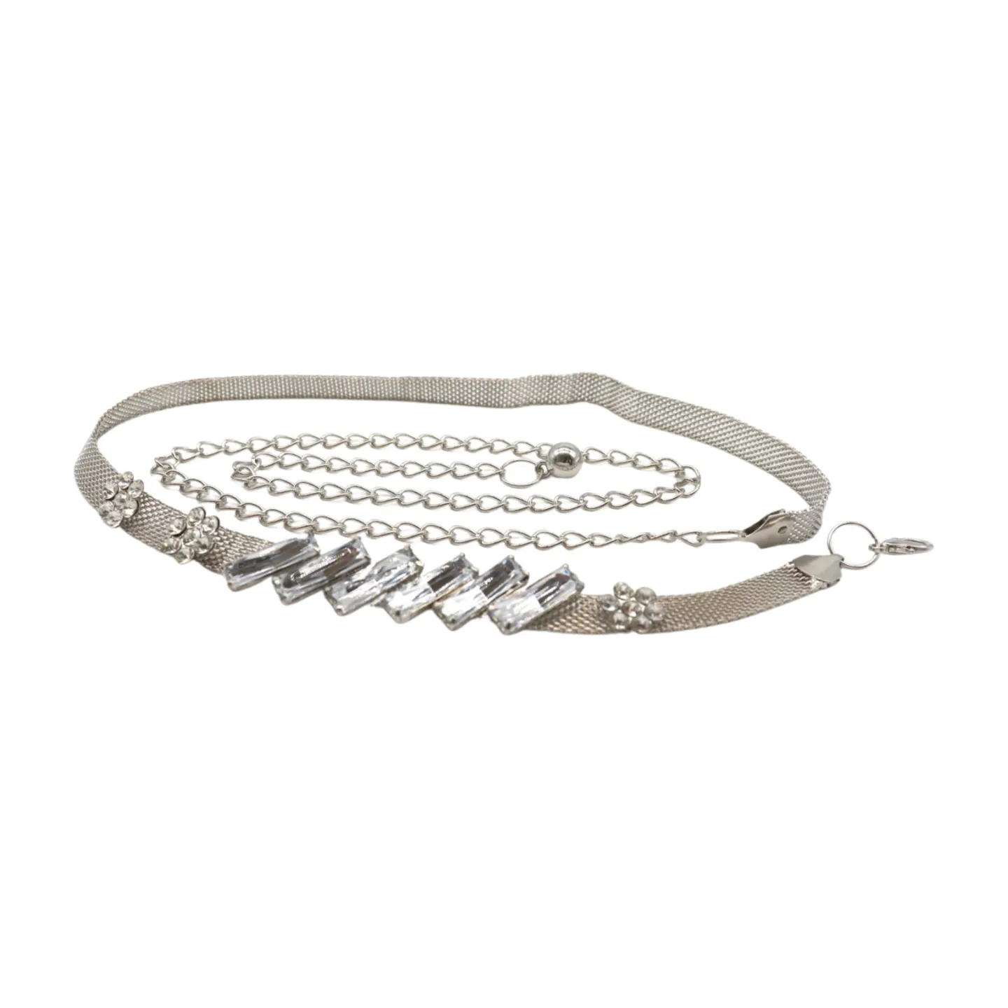 Silver Metal Chain Belt Flower Charms Long Beads S M L