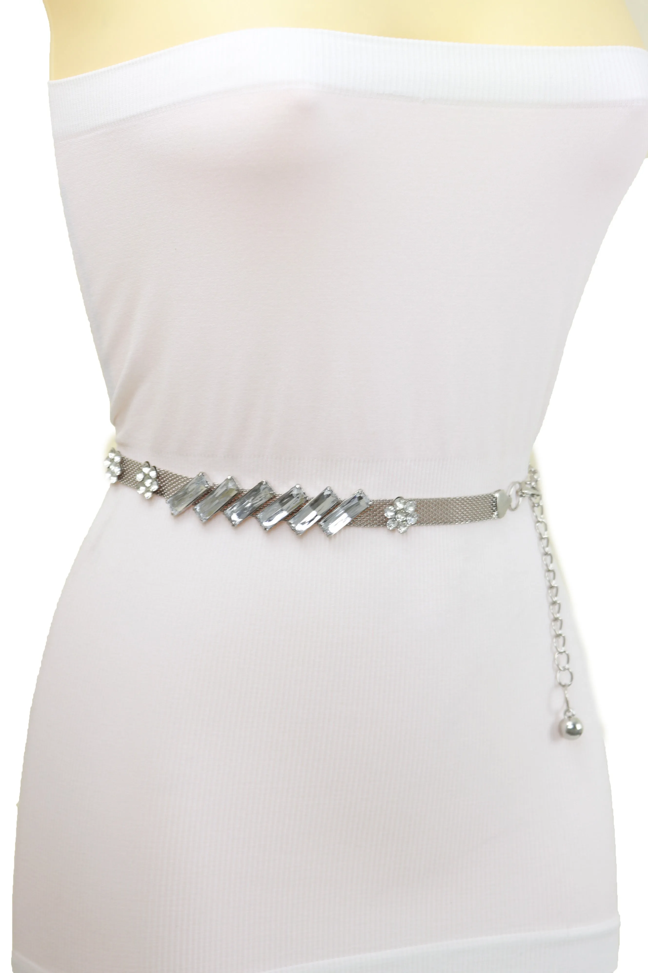 Silver Metal Chain Belt Flower Charms Long Beads S M L