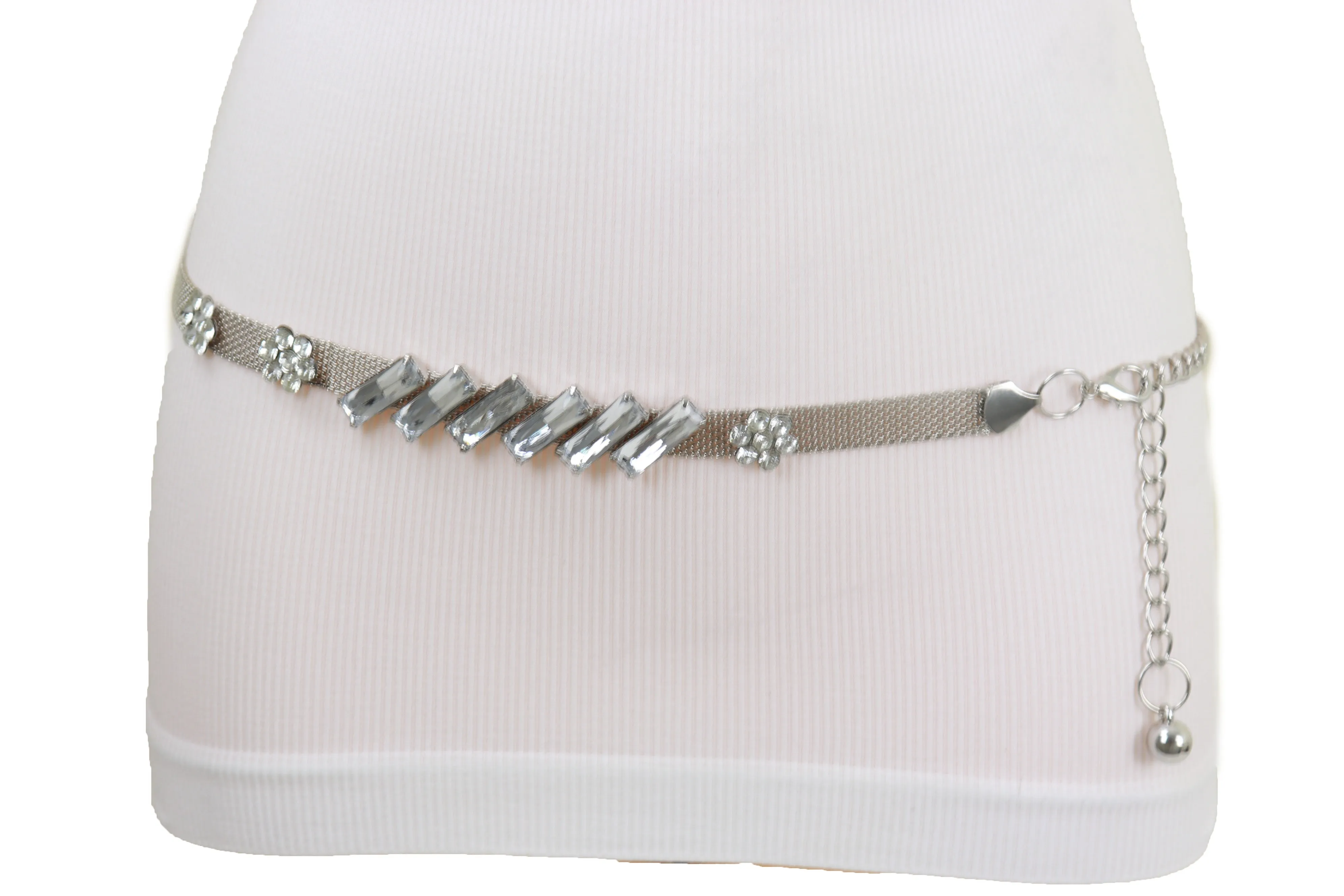 Silver Metal Chain Belt Flower Charms Long Beads S M L