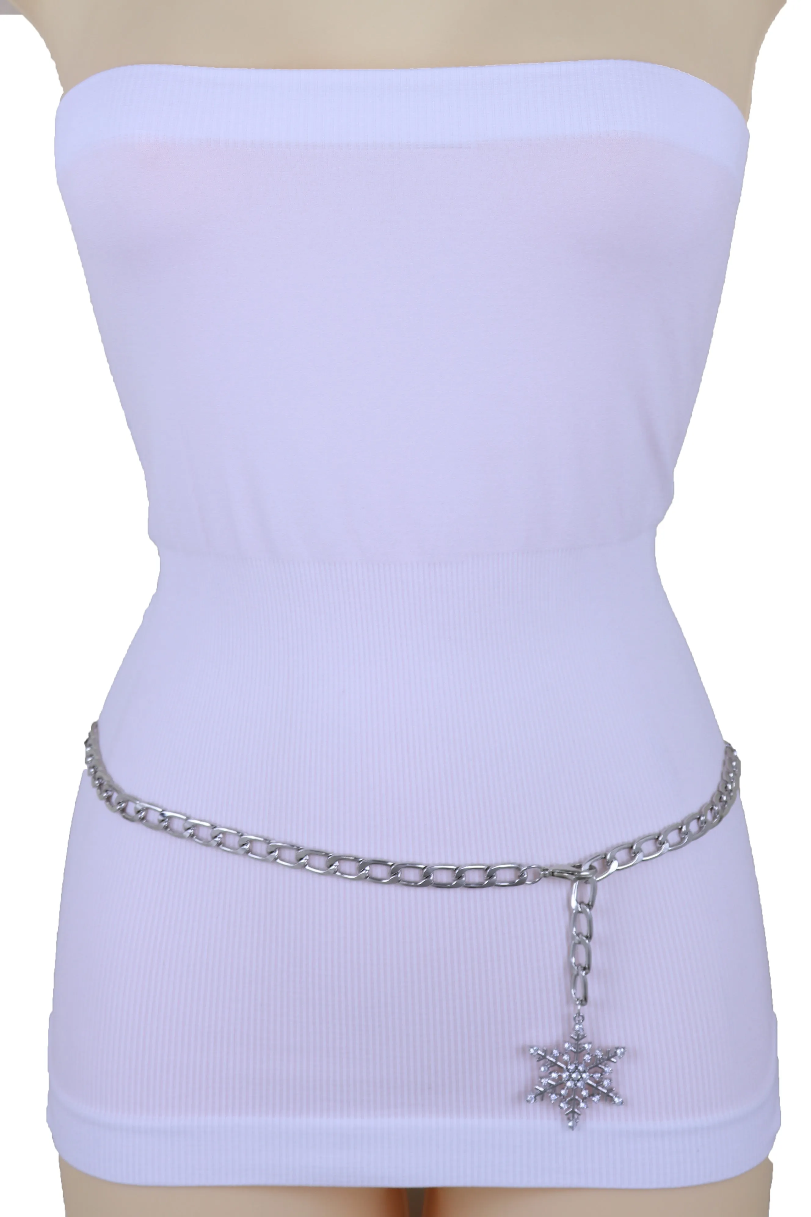 Silver Metal Chain Belt Flower Charms Long Beads S M L