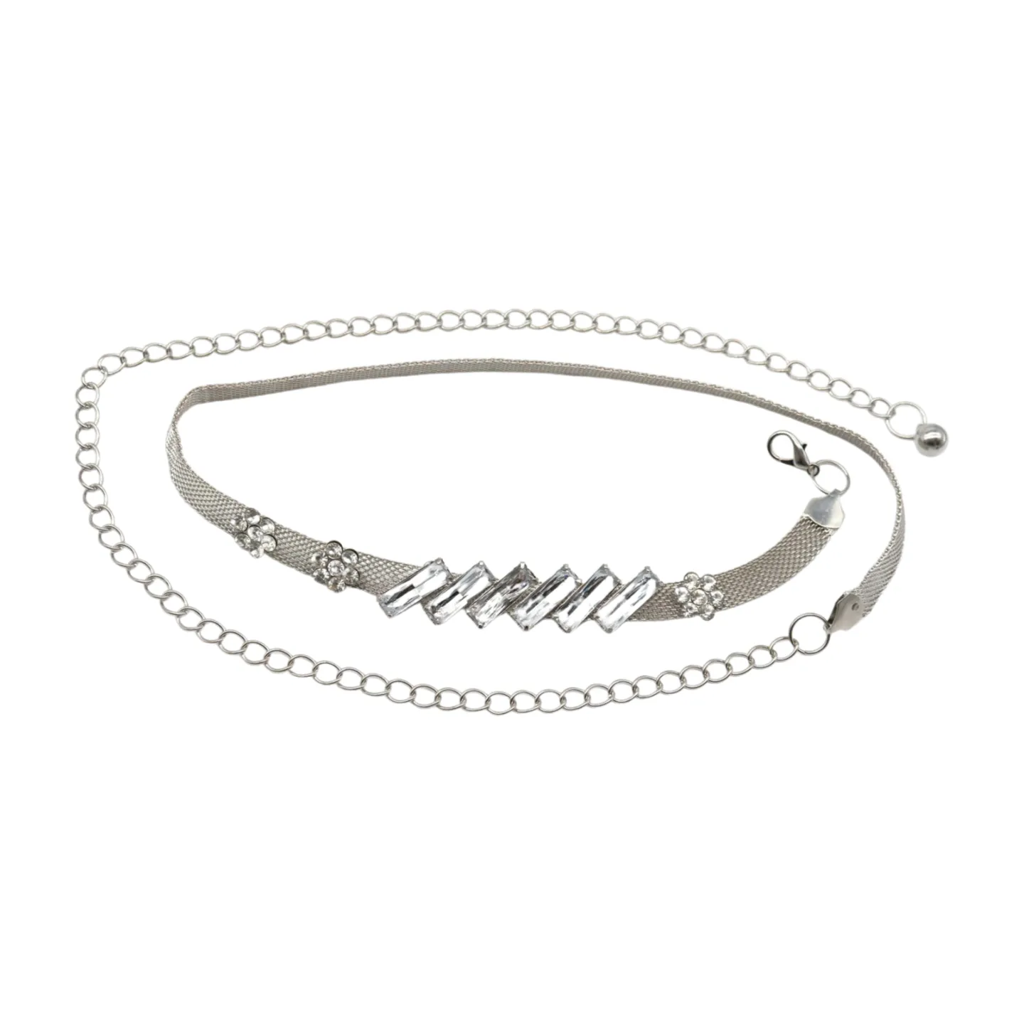 Silver Metal Chain Belt Flower Charms Long Beads S M L