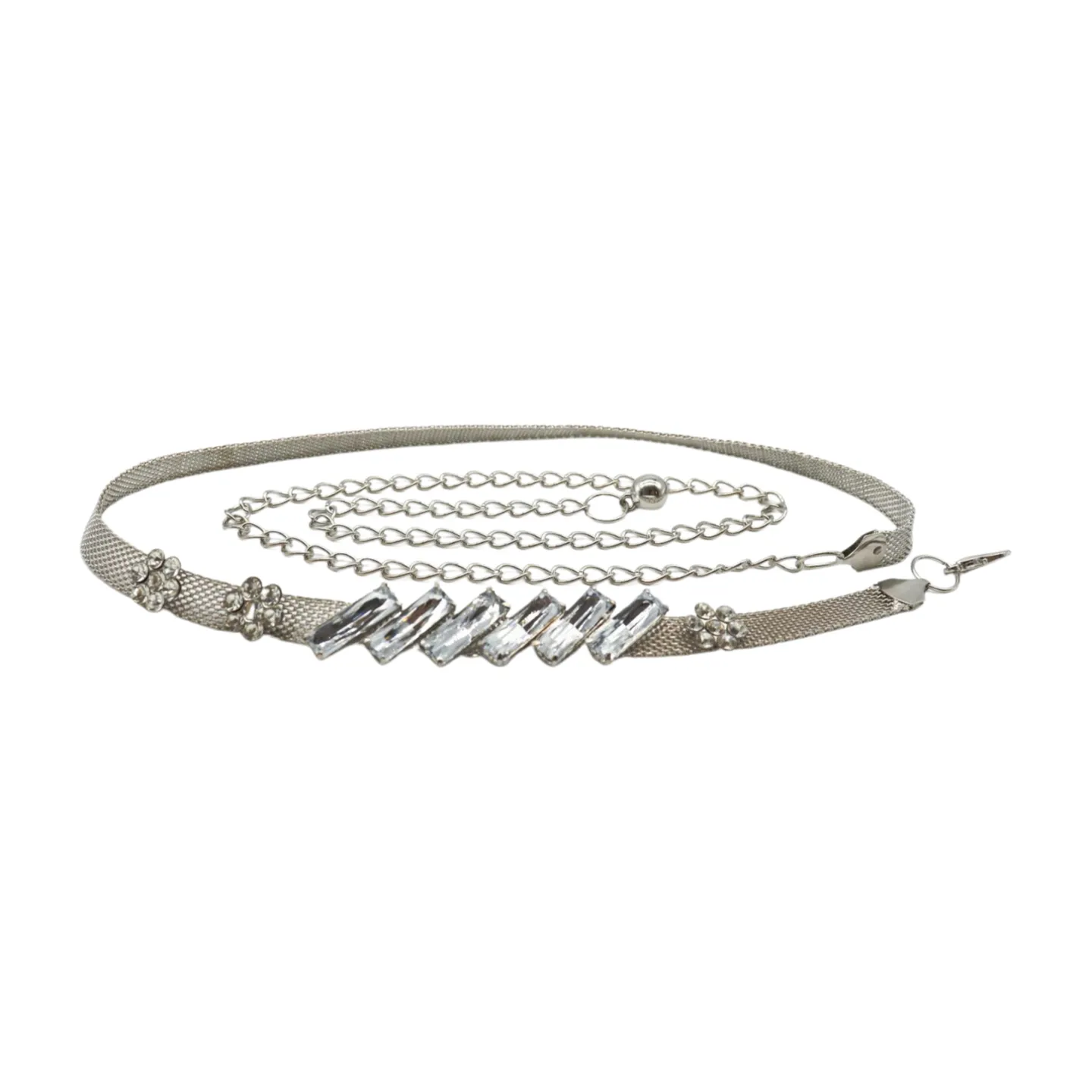 Silver Metal Chain Belt Flower Charms Long Beads S M L