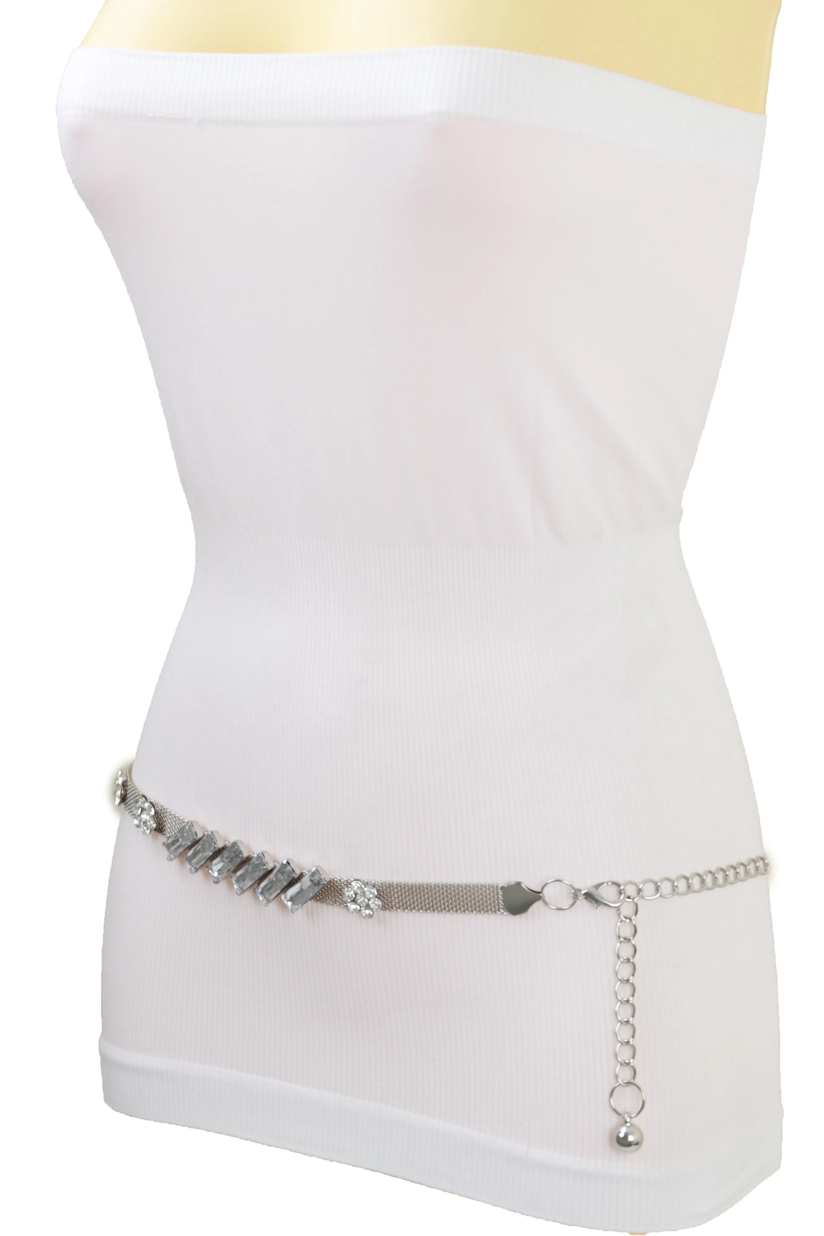 Silver Metal Chain Belt Flower Charms Long Beads S M L