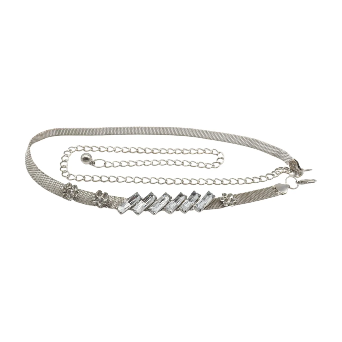 Silver Metal Chain Belt Flower Charms Long Beads S M L