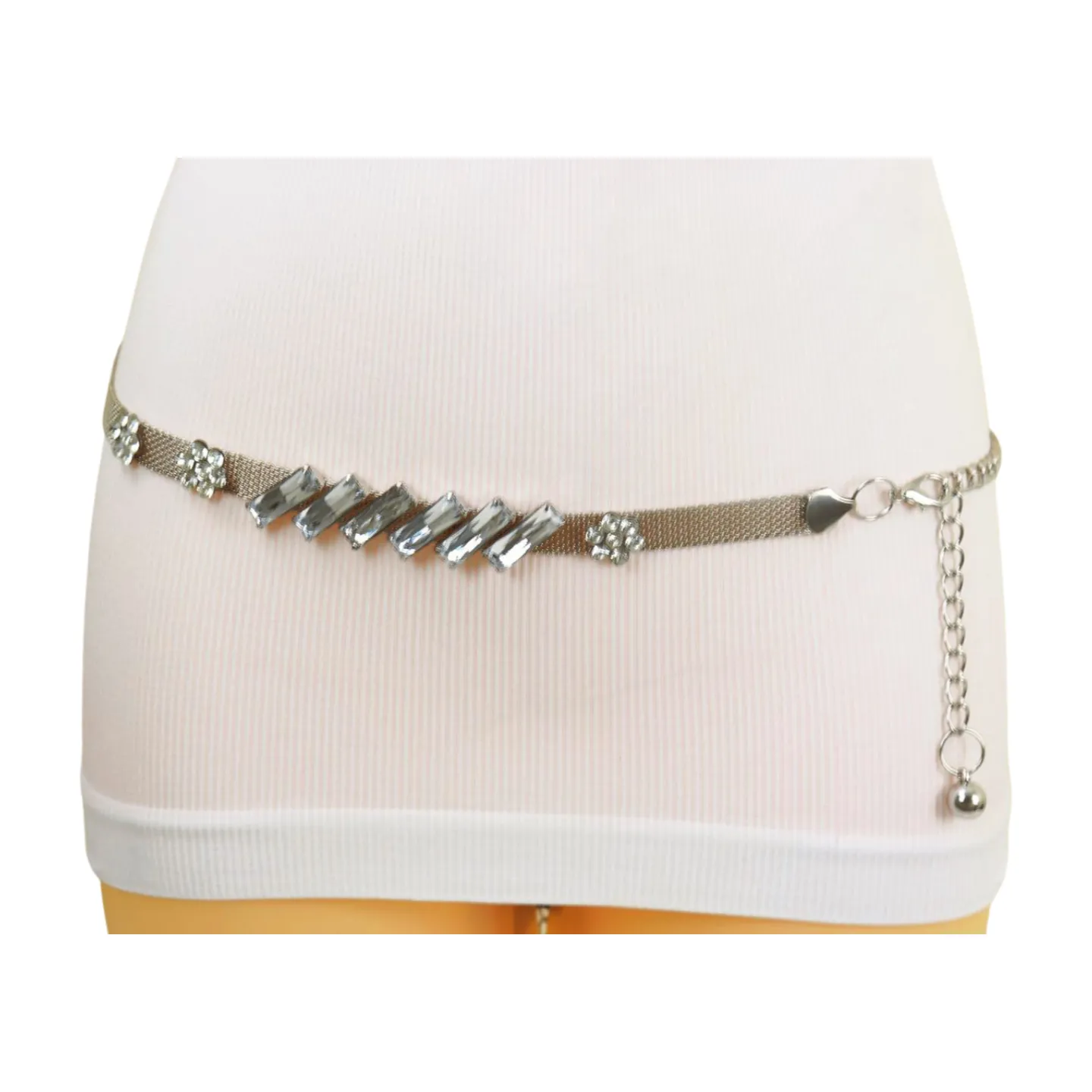 Silver Metal Chain Belt Flower Charms Long Beads S M L