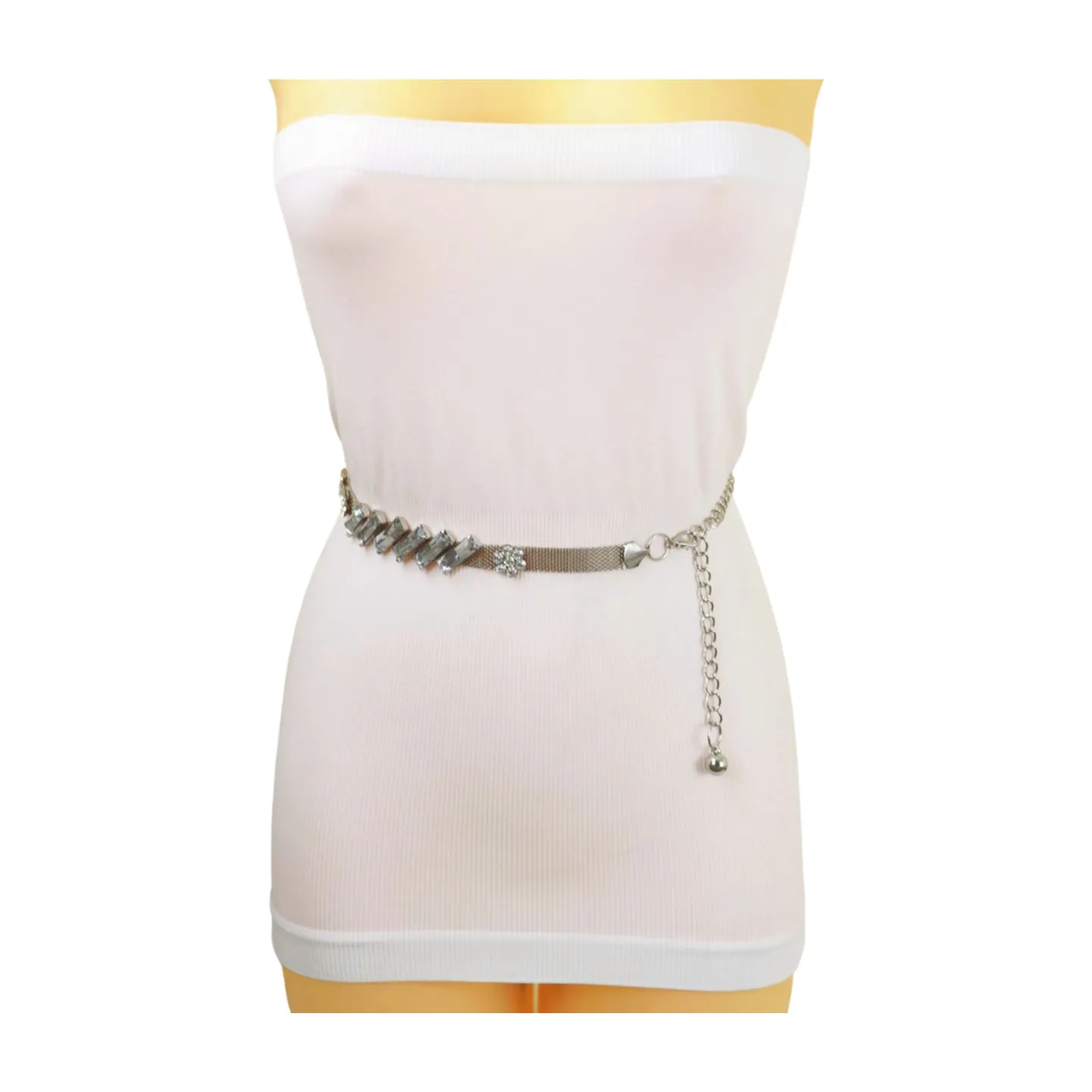 Silver Metal Chain Belt Flower Charms Long Beads S M L