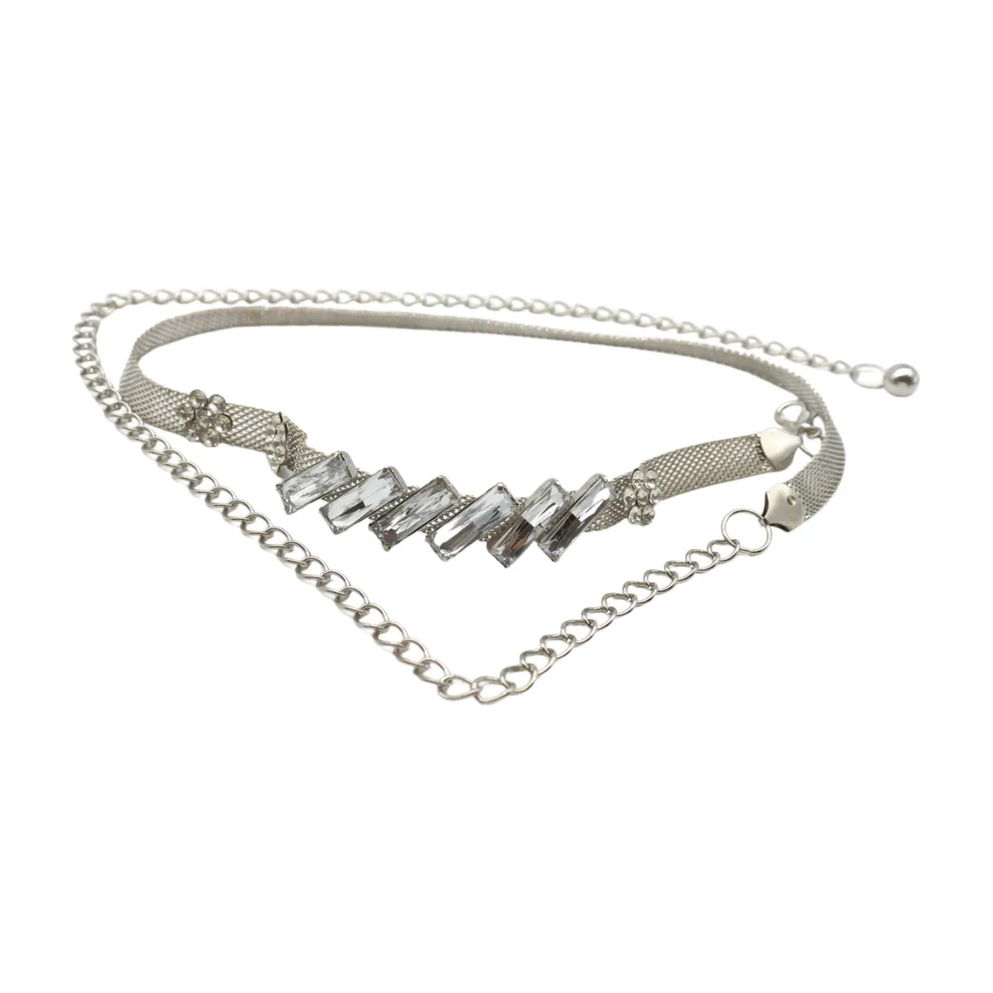 Silver Metal Chain Belt Flower Charms Long Beads S M L