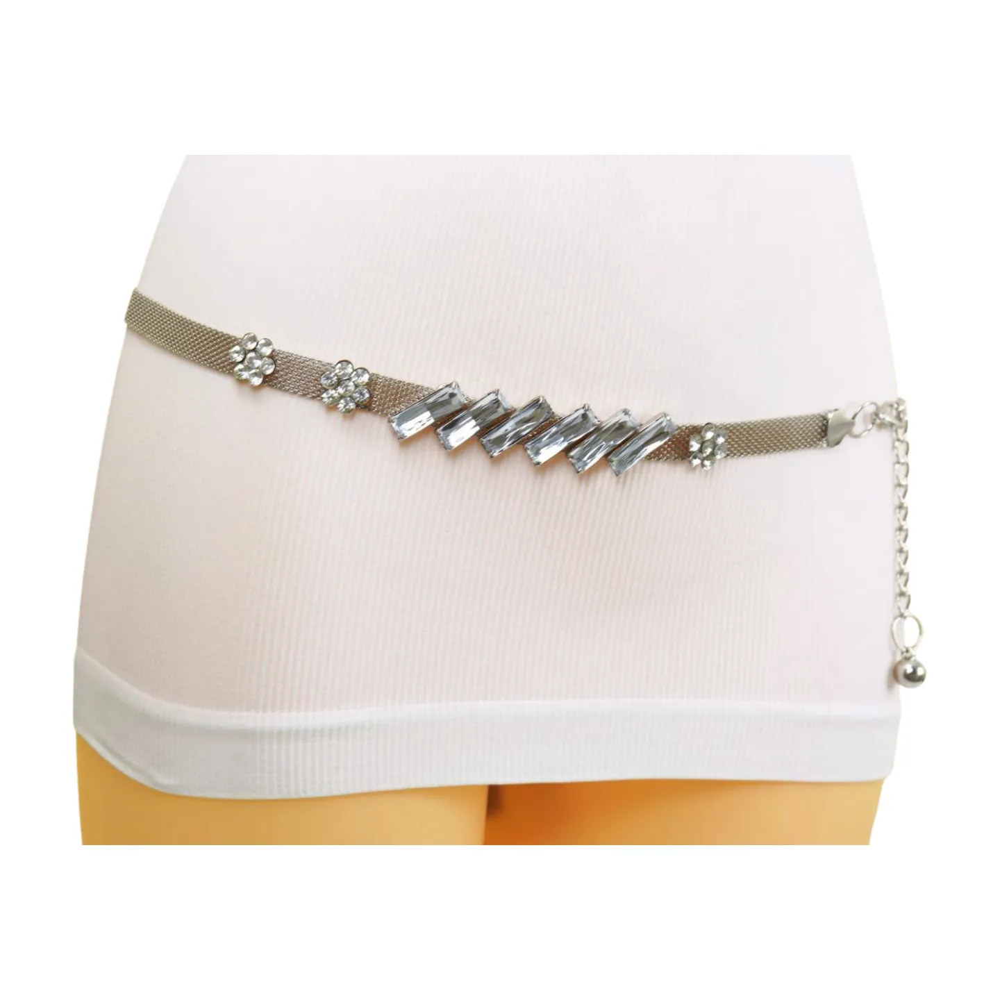 Silver Metal Chain Belt Flower Charms Long Beads S M L