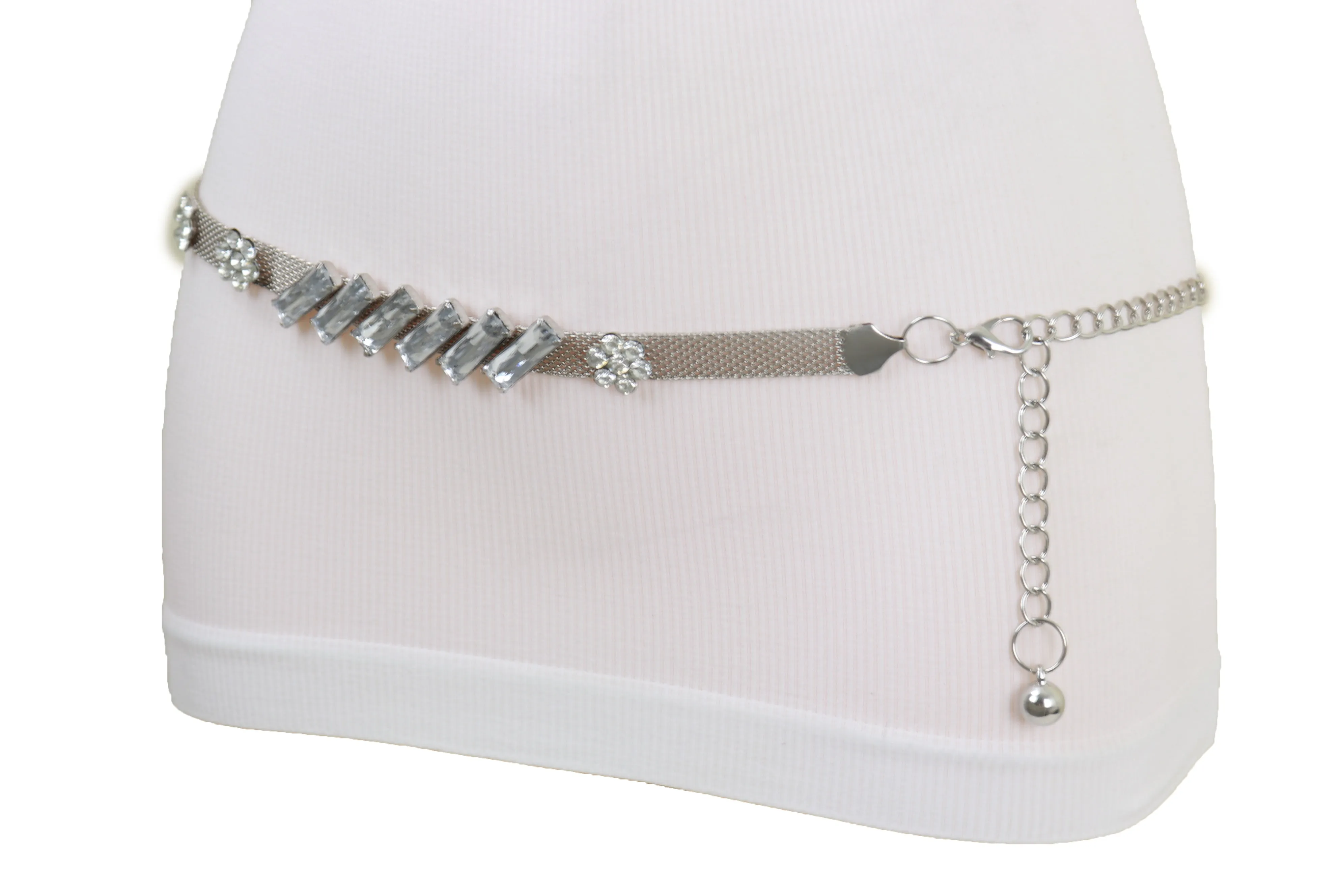 Silver Metal Chain Belt Flower Charms Long Beads S M L