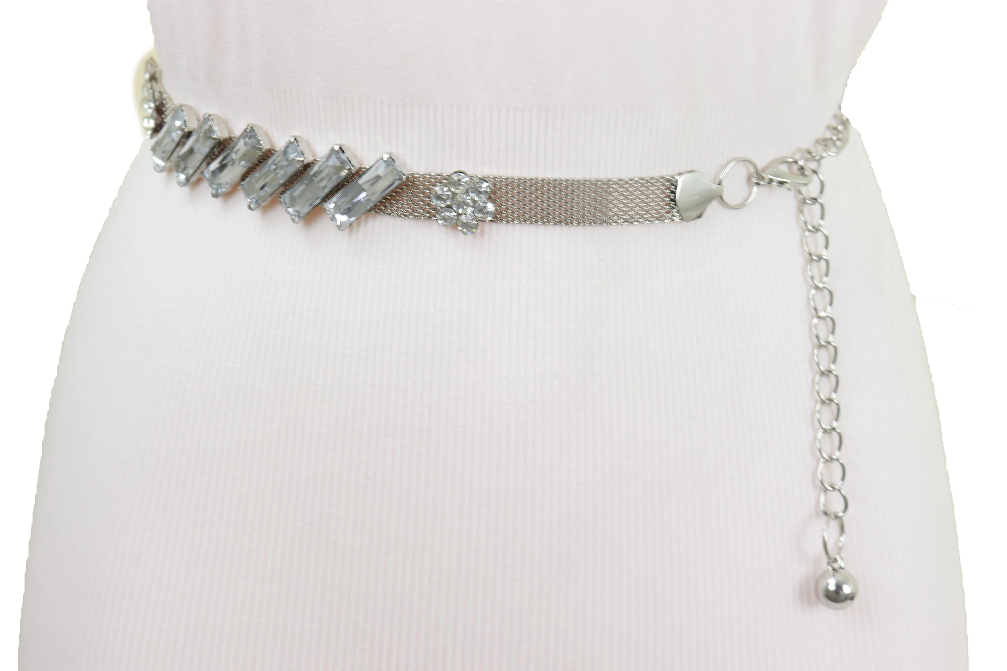 Silver Metal Chain Belt Flower Charms Long Beads S M L