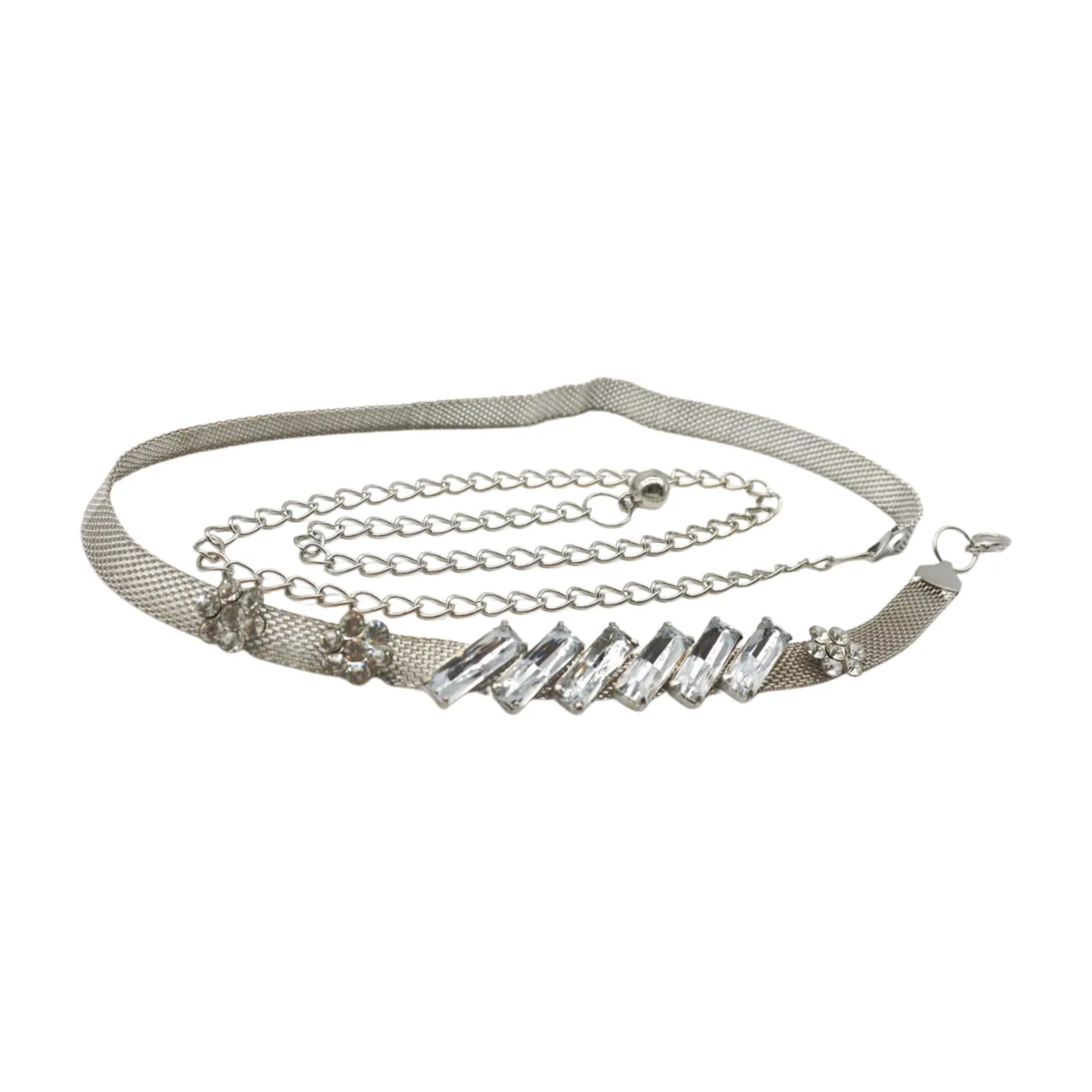 Silver Metal Chain Belt Flower Charms Long Beads S M L