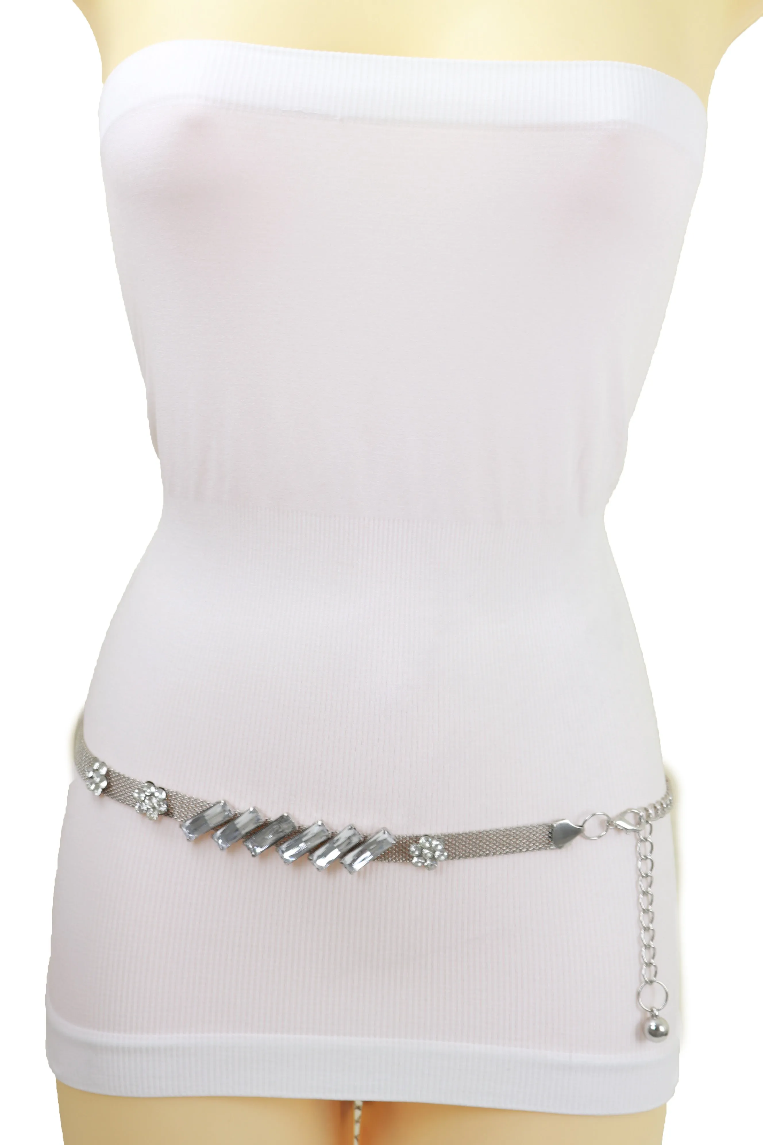 Silver Metal Chain Belt Flower Charms Long Beads S M L