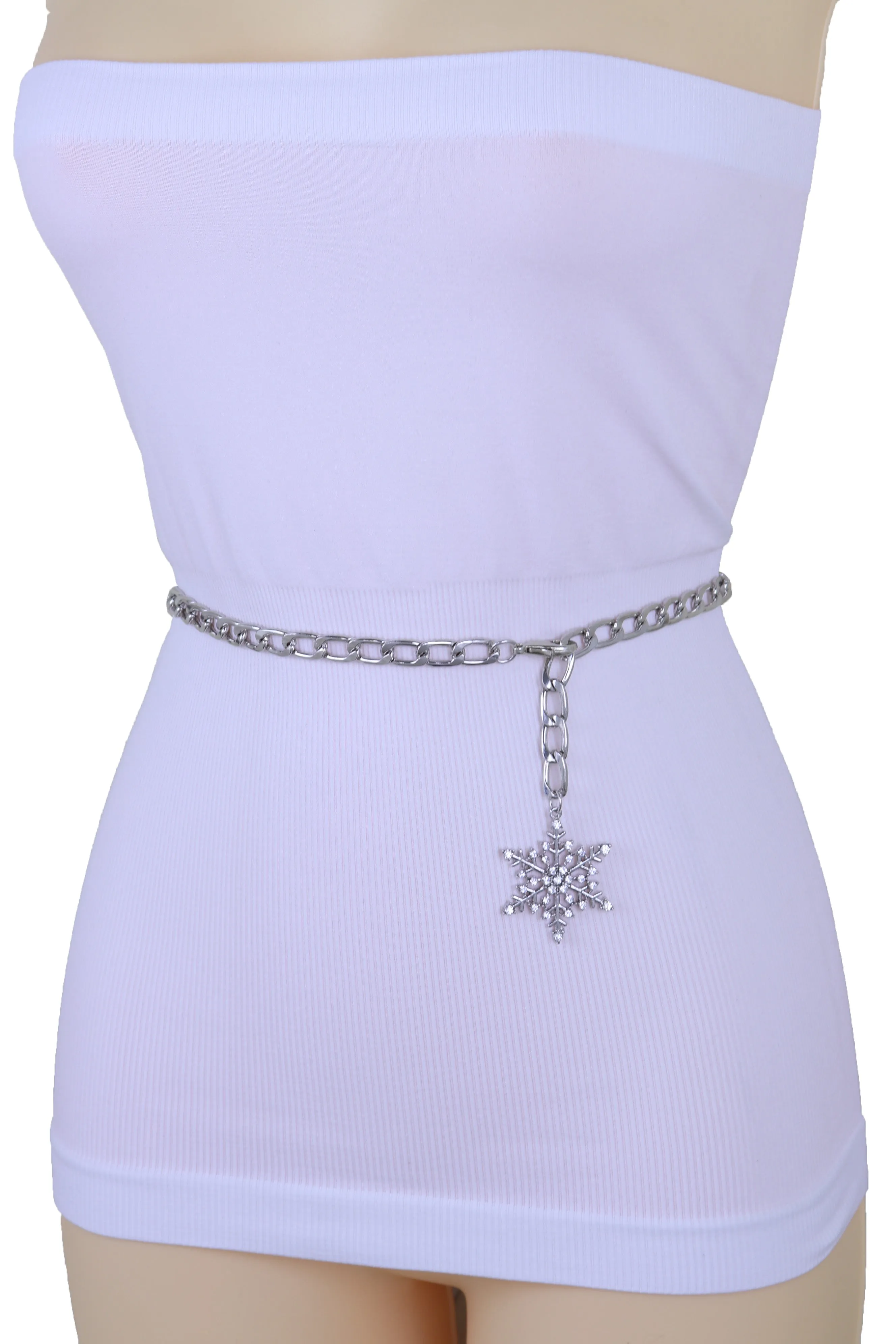 Silver Metal Chain Belt Flower Charms Long Beads S M L