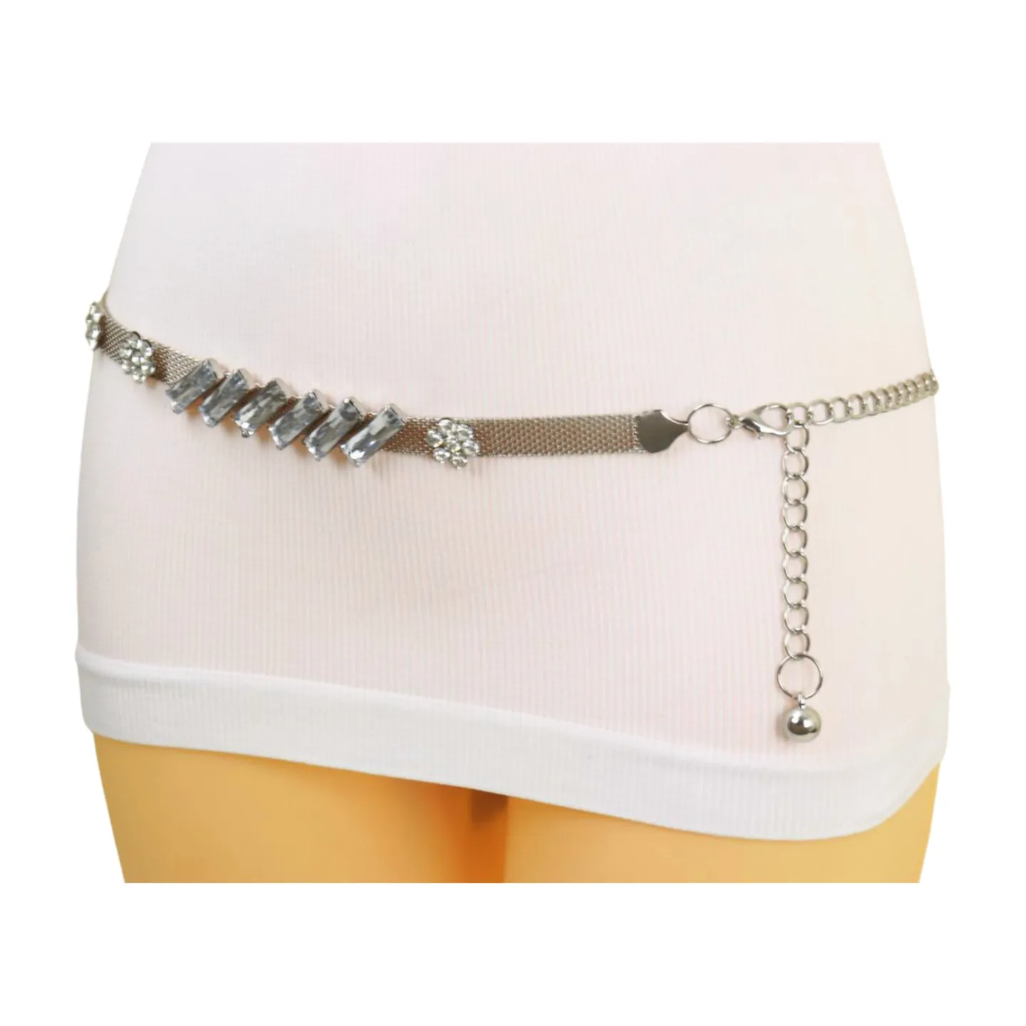 Silver Metal Chain Belt Flower Charms Long Beads S M L