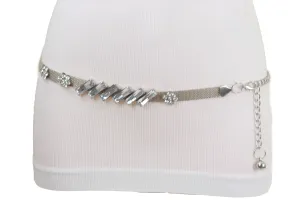 Silver Metal Chain Belt Flower Charms Long Beads S M L