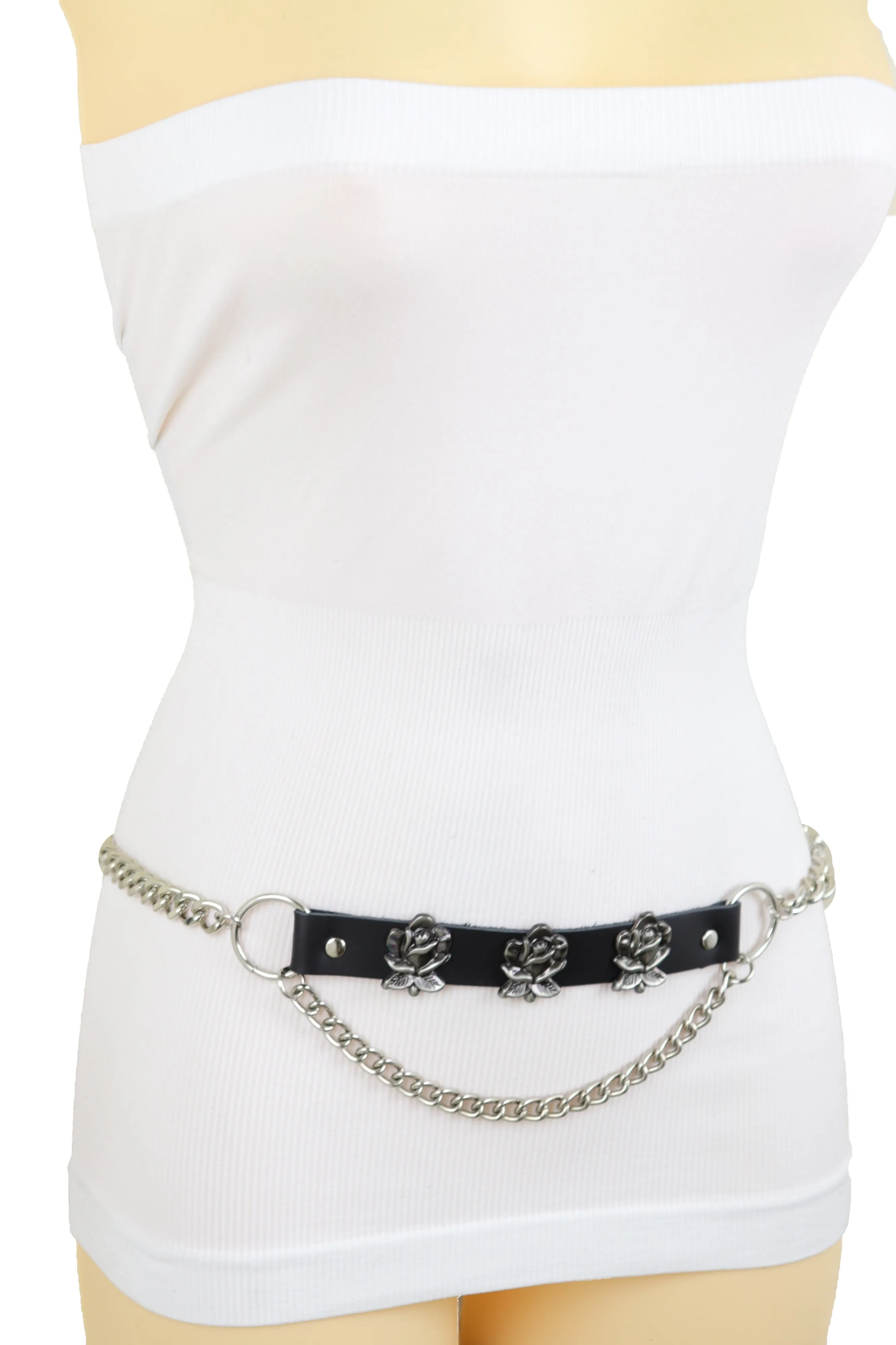Silver Metal Chain Belt Rose Flower Charms Plus Size XL XXL