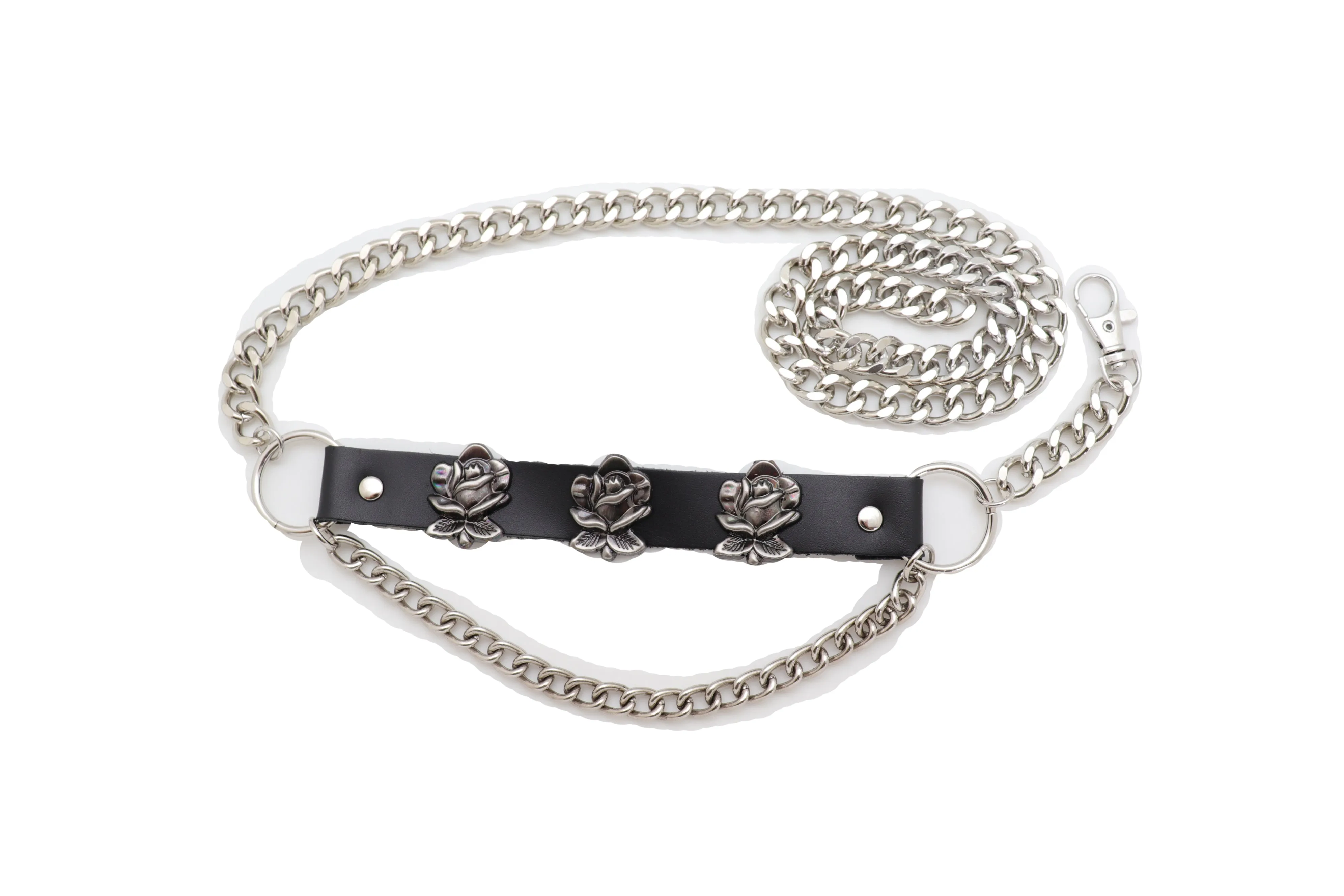 Silver Metal Chain Belt Rose Flower Charms Plus Size XL XXL