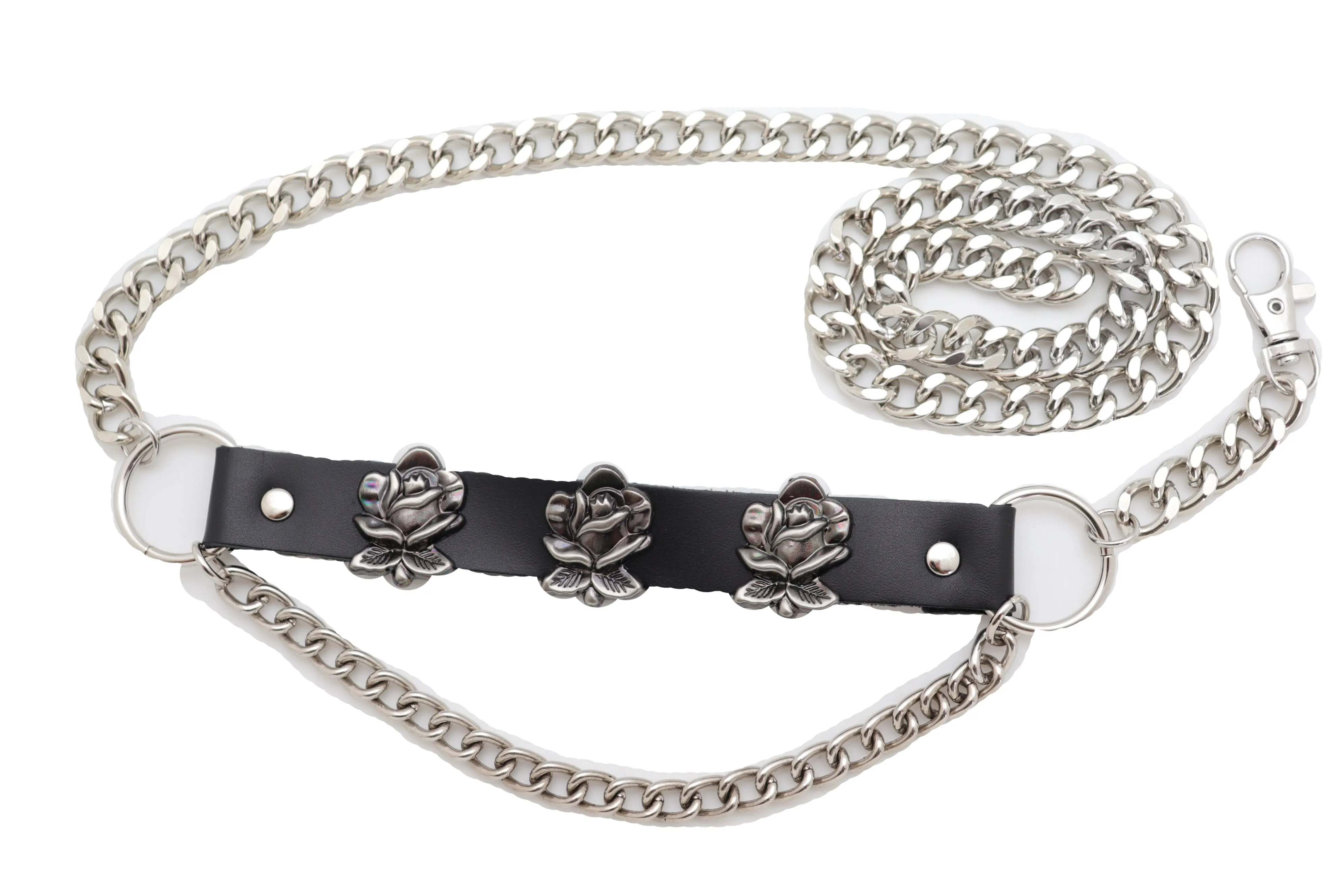 Silver Metal Chain Belt Rose Flower Charms Plus Size XL XXL