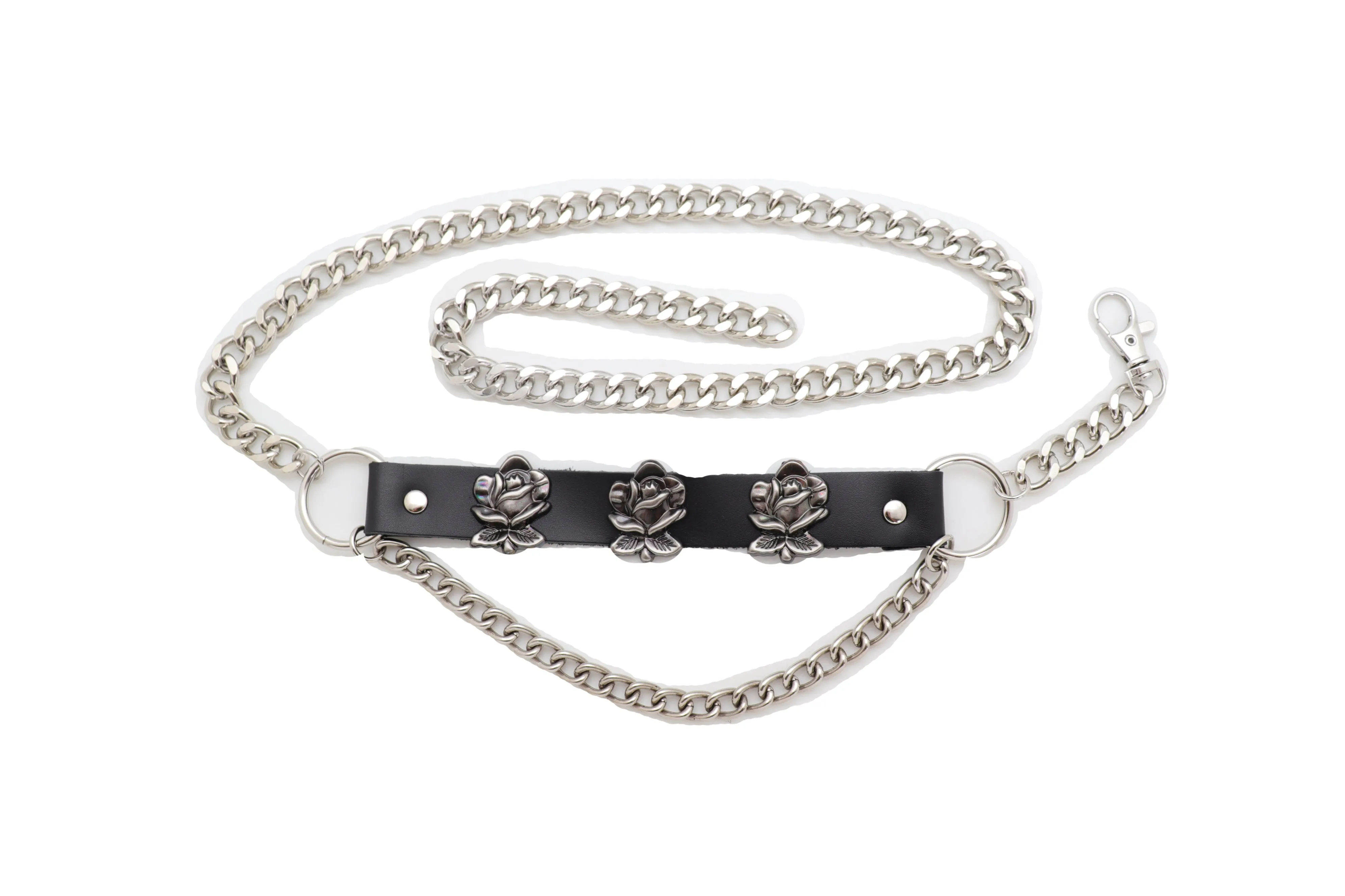 Silver Metal Chain Belt Rose Flower Charms Plus Size XL XXL