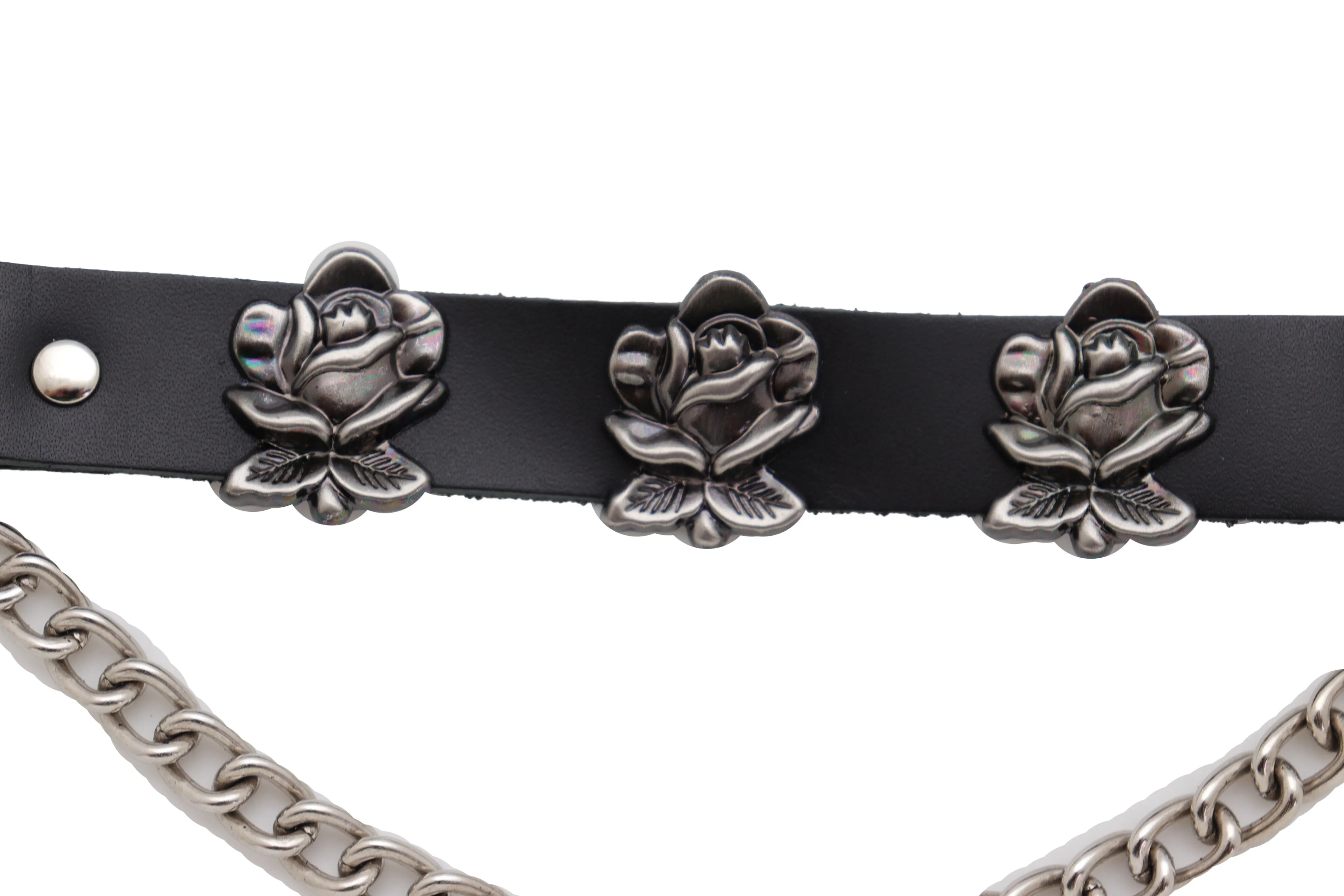 Silver Metal Chain Belt Rose Flower Charms Plus Size XL XXL