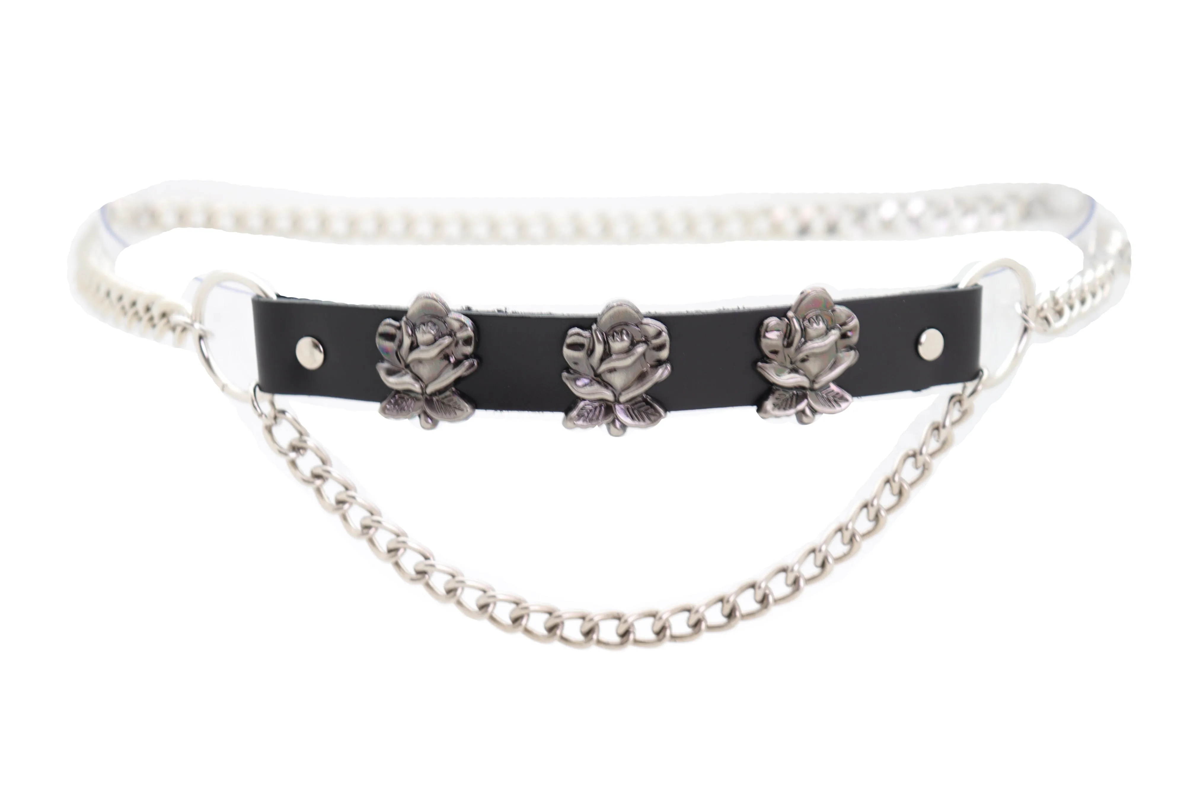 Silver Metal Chain Belt Rose Flower Charms Plus Size XL XXL
