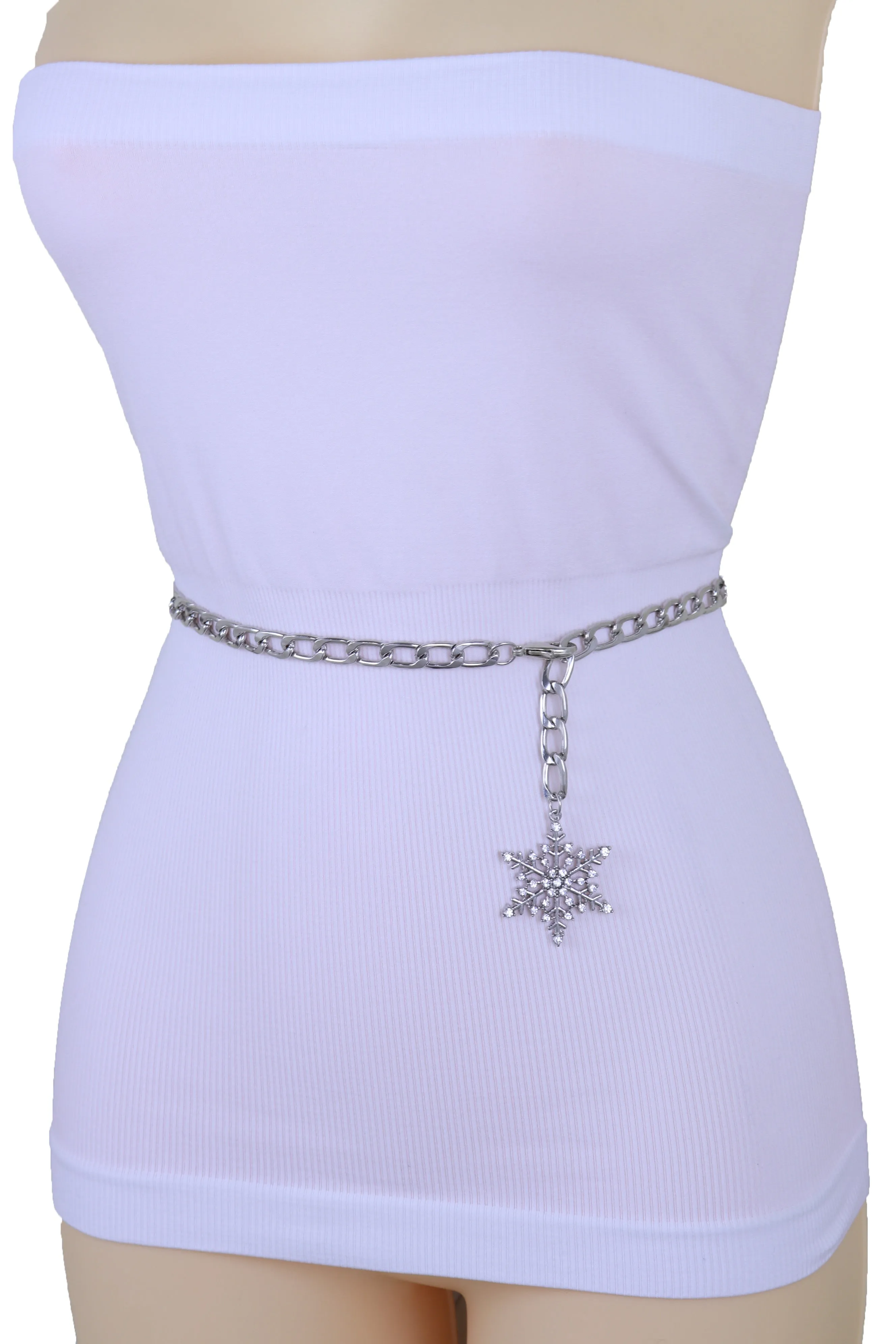 Silver Metal Chain Belt Rose Flower Charms Plus Size XL XXL