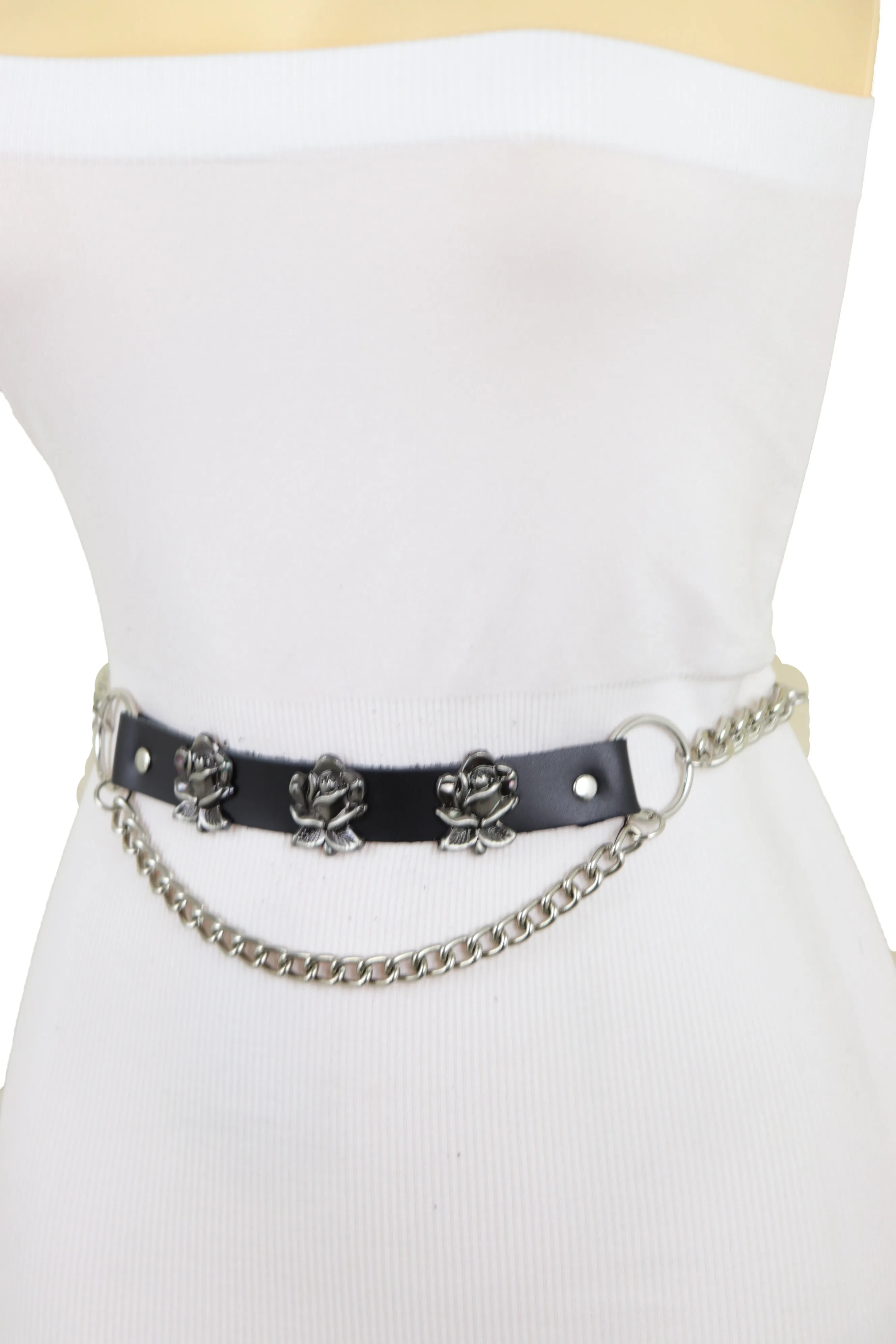 Silver Metal Chain Belt Rose Flower Charms Plus Size XL XXL