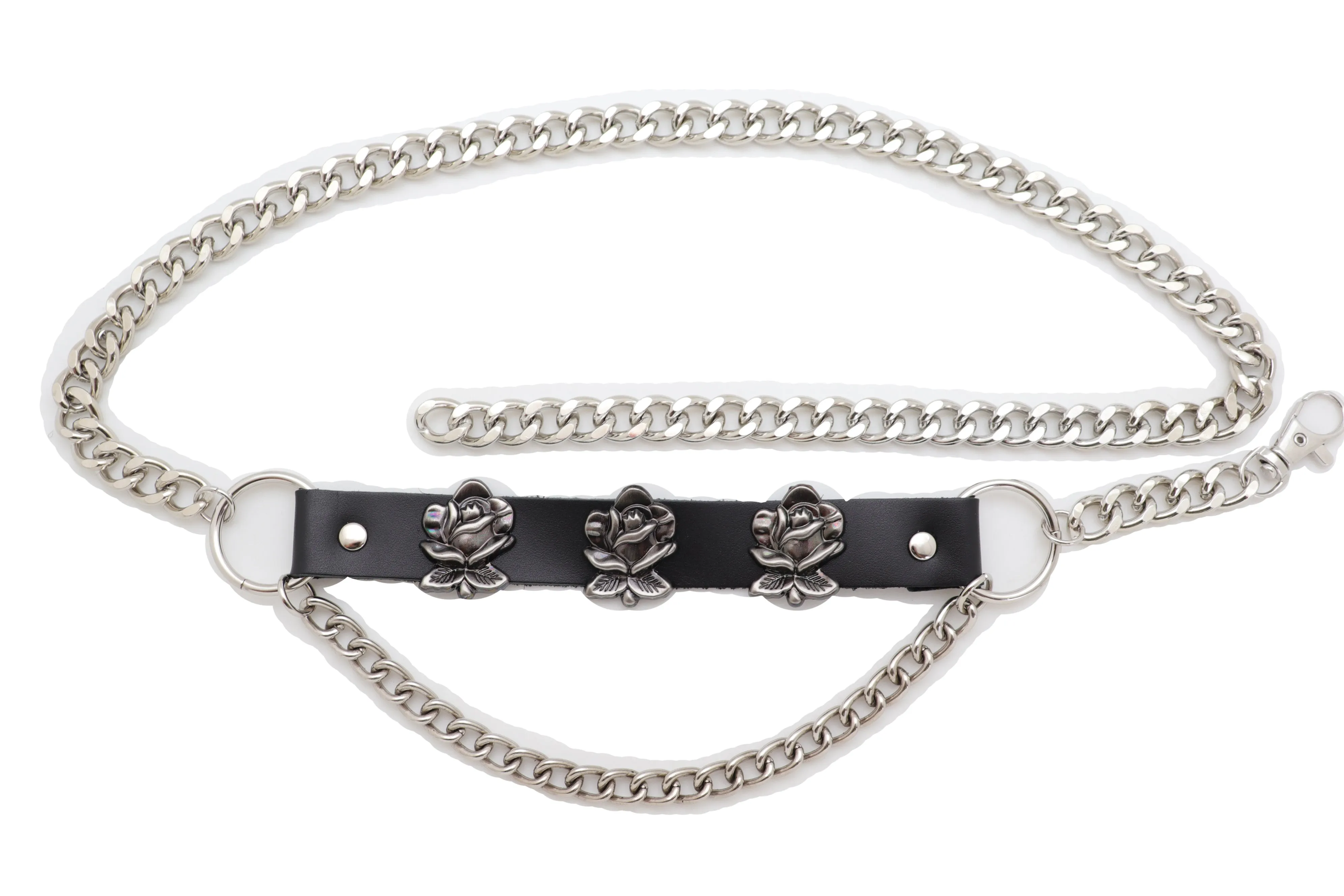 Silver Metal Chain Belt Rose Flower Charms Plus Size XL XXL