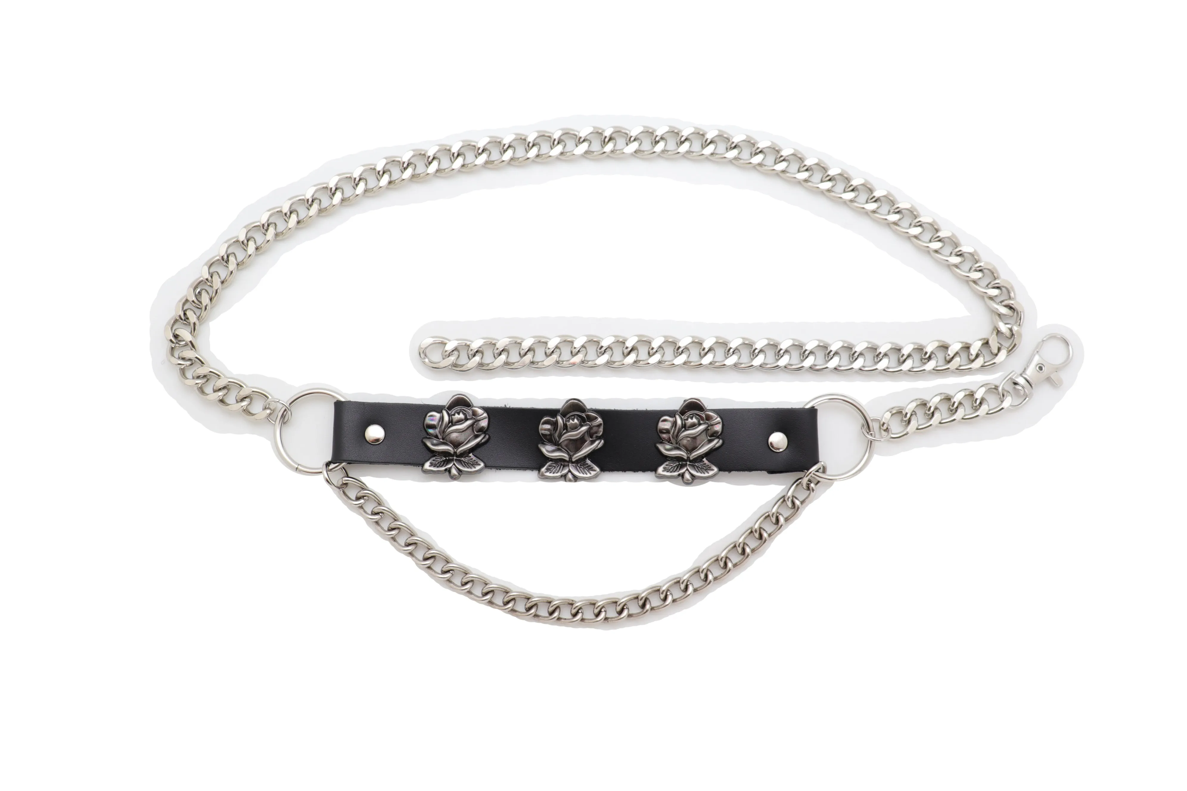 Silver Metal Chain Belt Rose Flower Charms Plus Size XL XXL