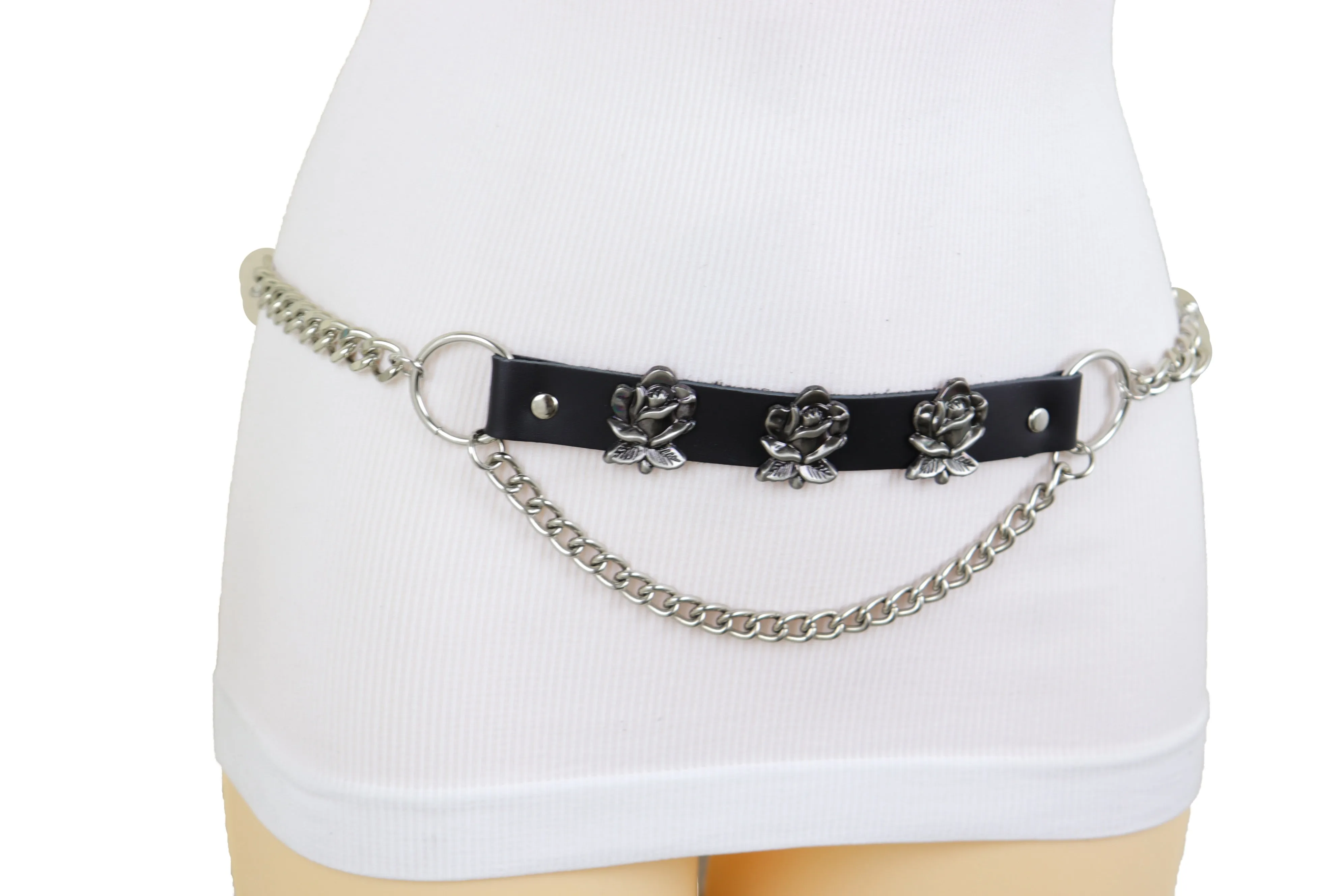 Silver Metal Chain Belt Rose Flower Charms Plus Size XL XXL