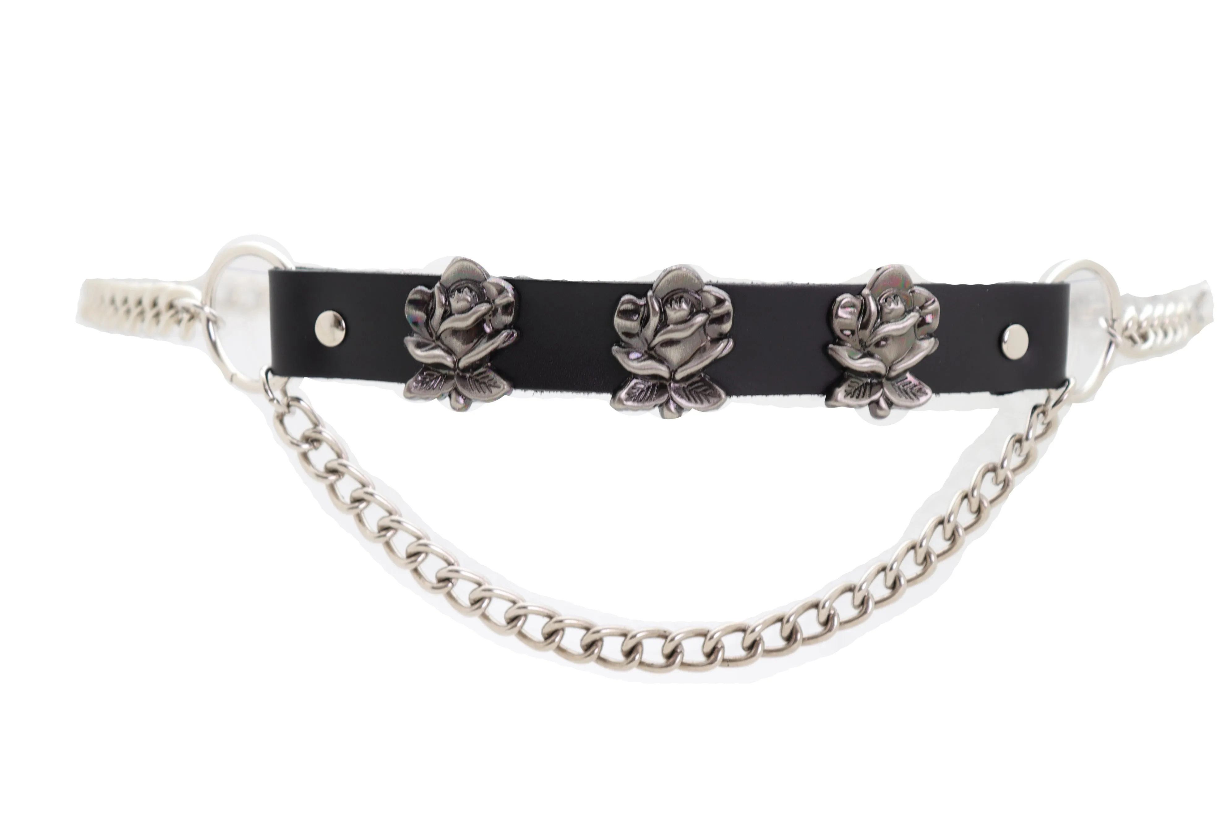 Silver Metal Chain Belt Rose Flower Charms Plus Size XL XXL