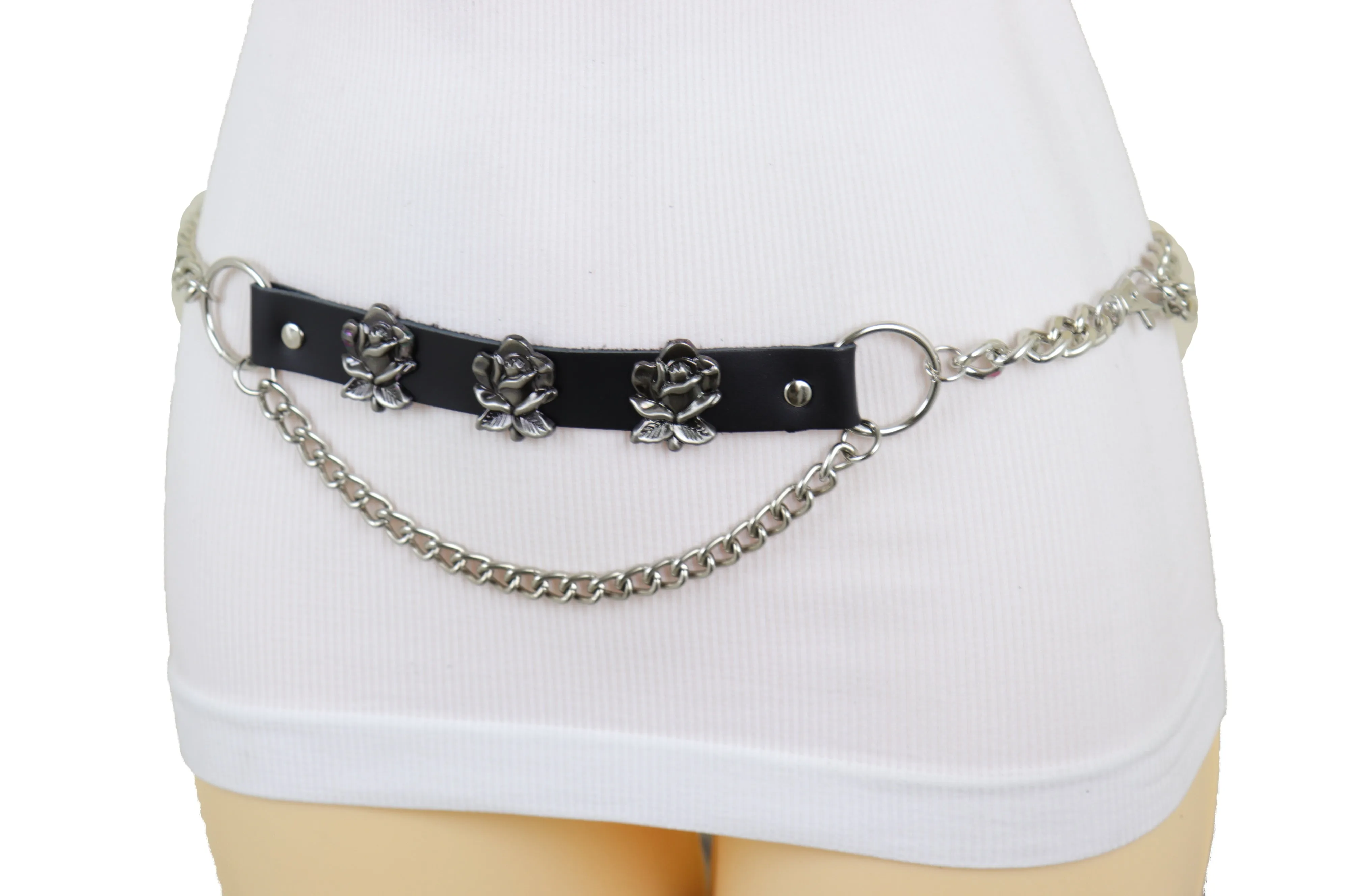 Silver Metal Chain Belt Rose Flower Charms Plus Size XL XXL