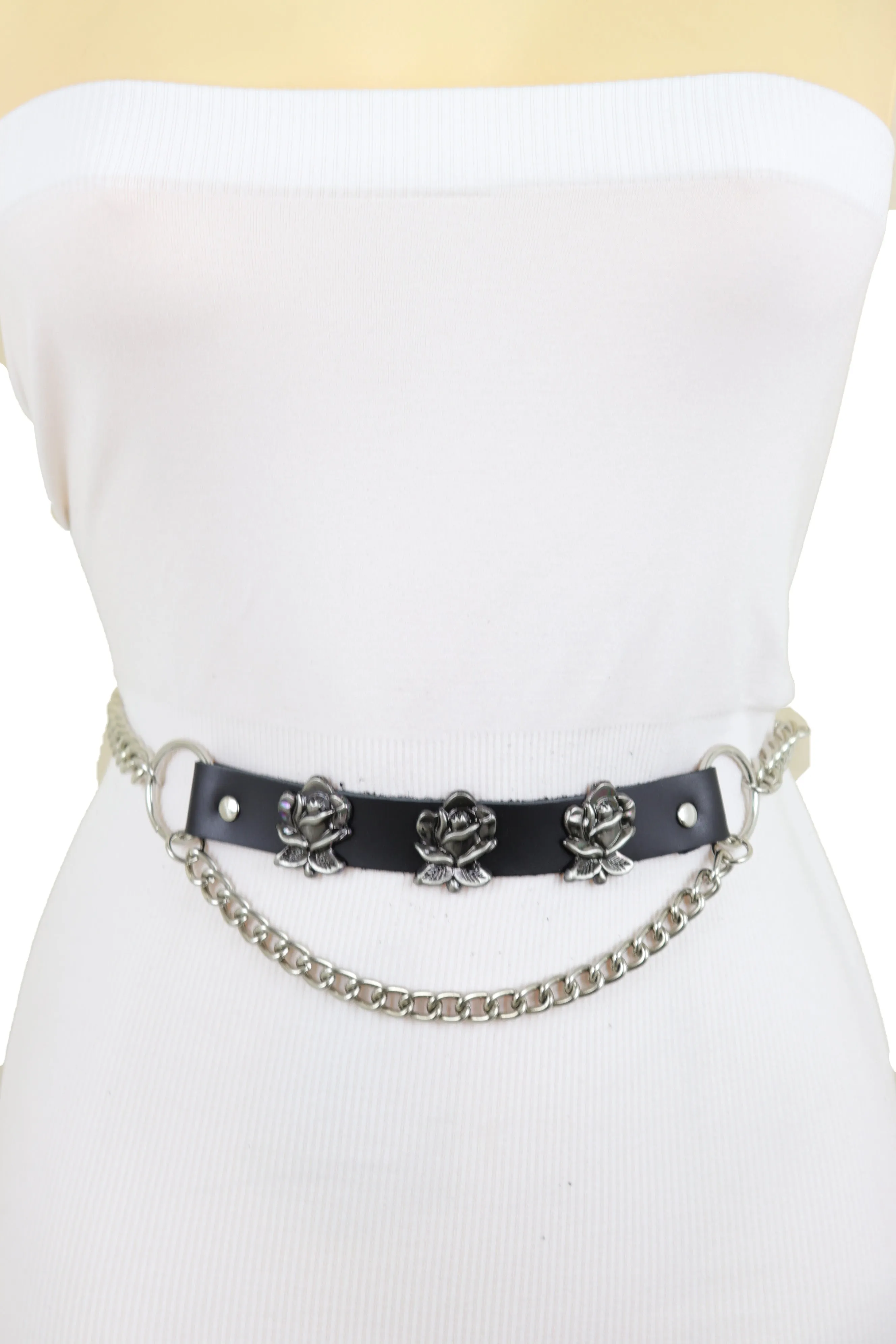 Silver Metal Chain Belt Rose Flower Charms Plus Size XL XXL