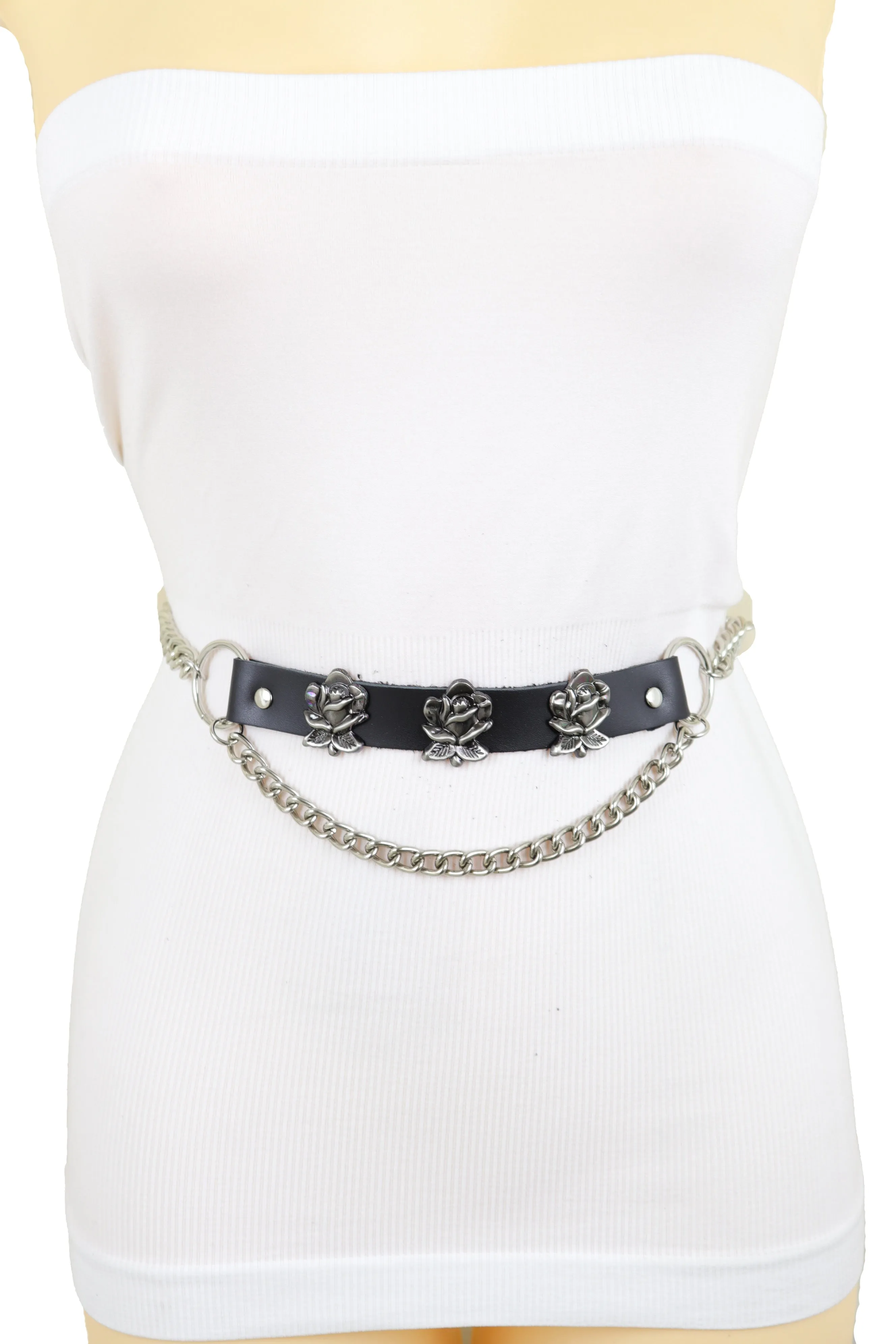 Silver Metal Chain Belt Rose Flower Charms Plus Size XL XXL