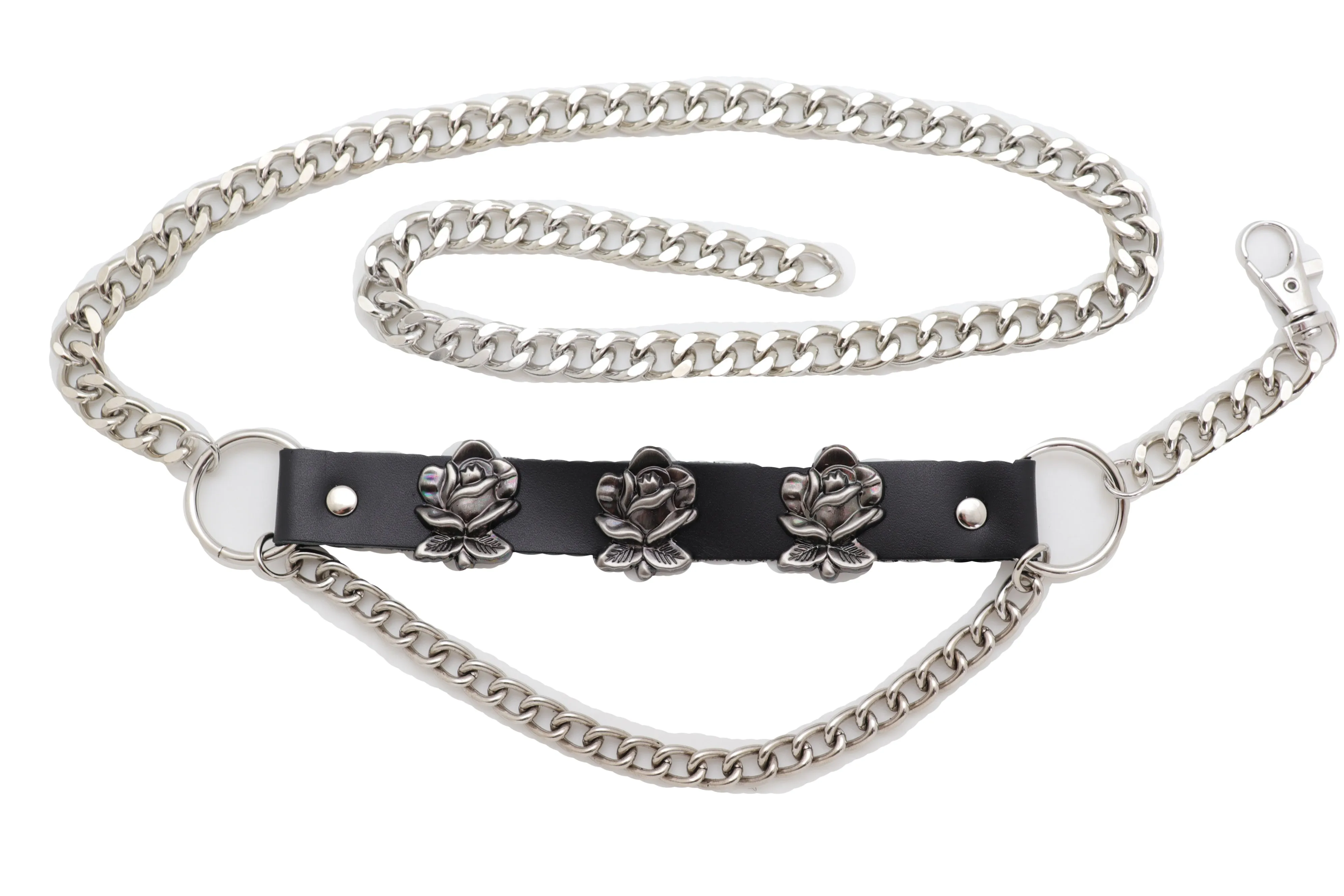Silver Metal Chain Belt Rose Flower Charms Plus Size XL XXL