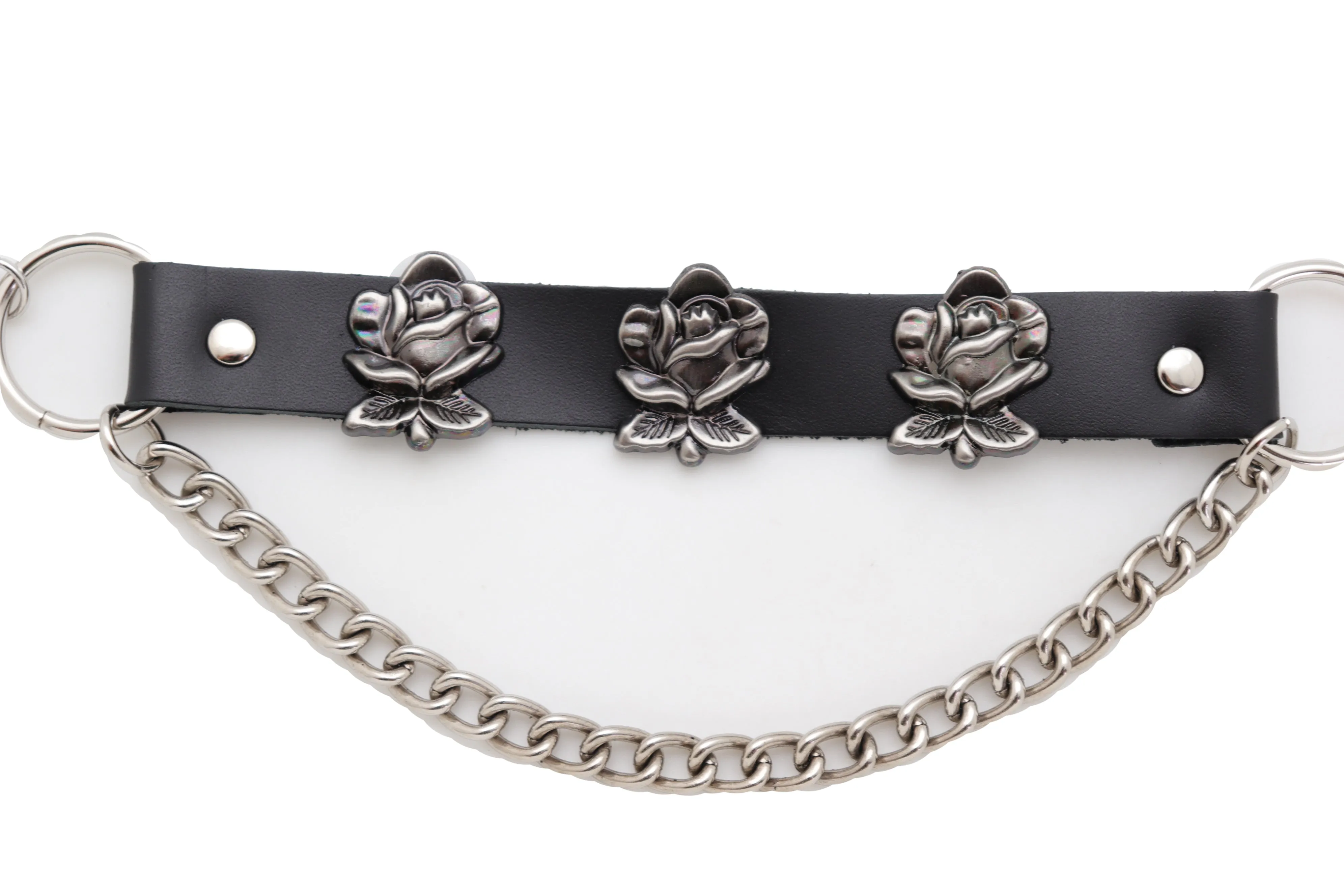 Silver Metal Chain Belt Rose Flower Charms Plus Size XL XXL