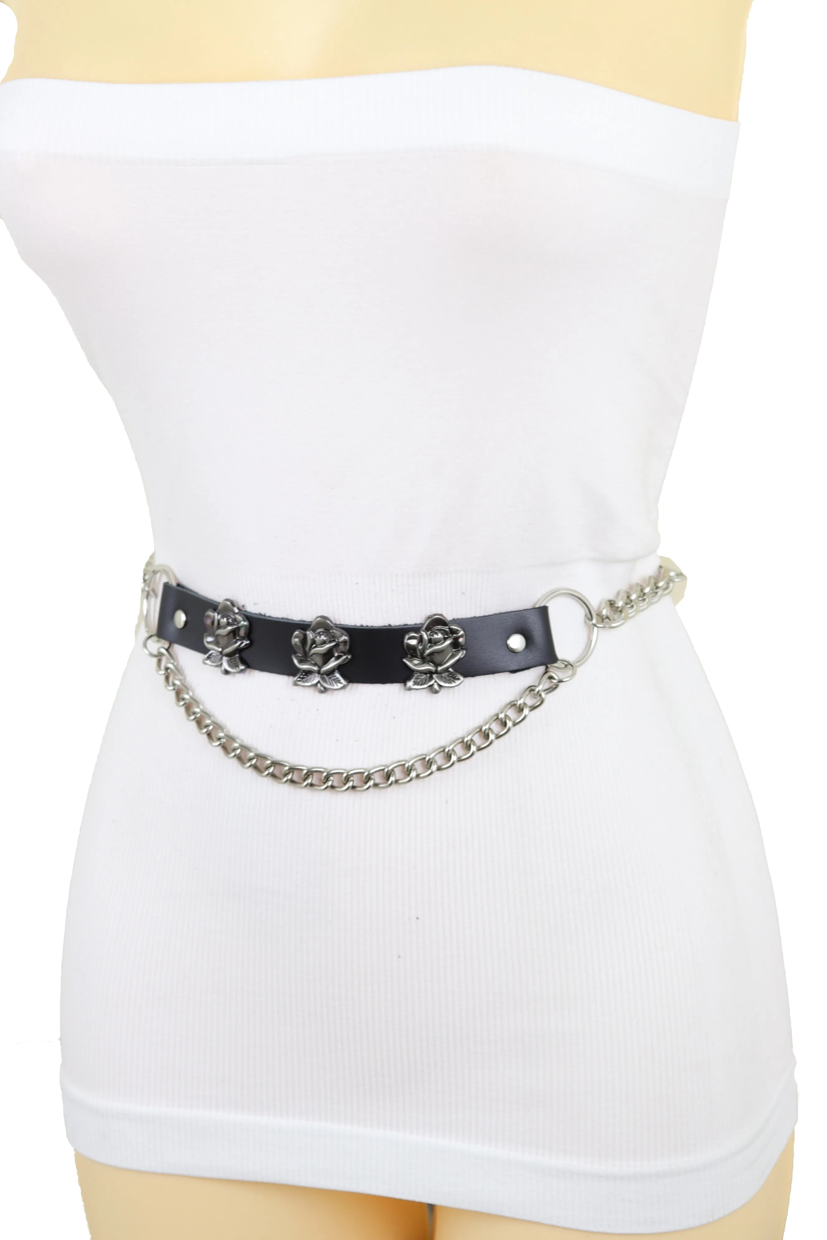 Silver Metal Chain Belt Rose Flower Charms Plus Size XL XXL