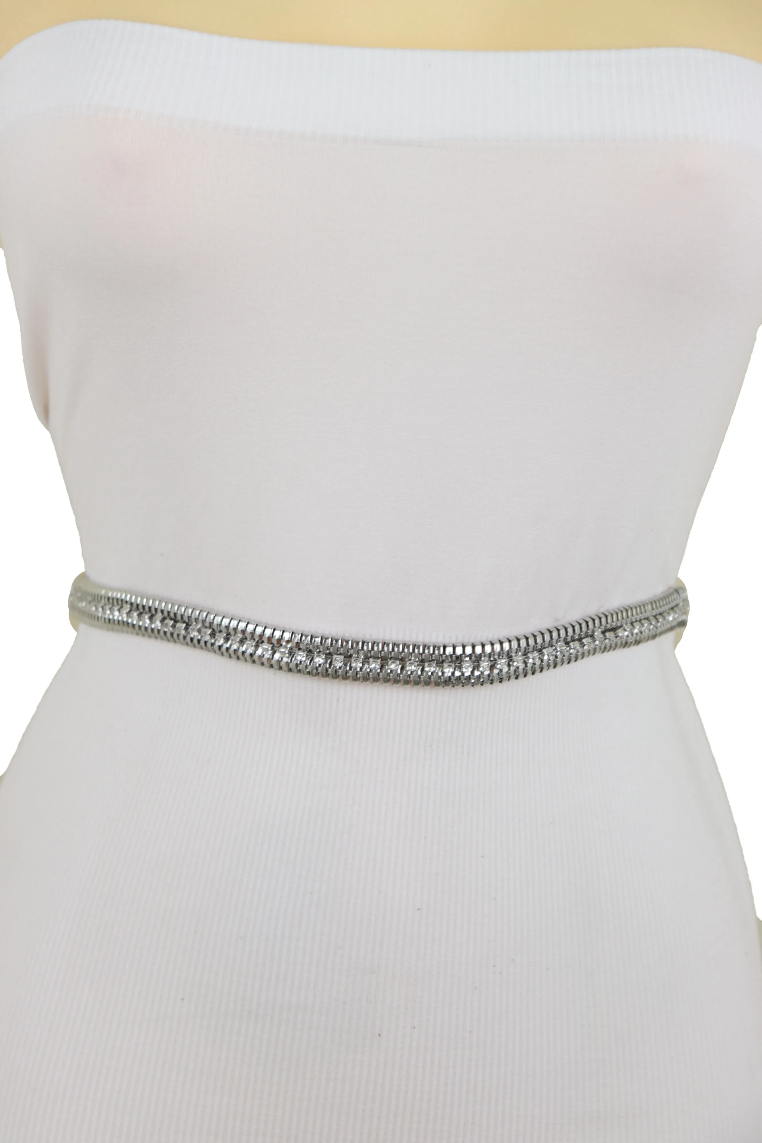 Silver Metal Chain Bling Skinny High Waist Hip Fashion Belt Fit Size S M L