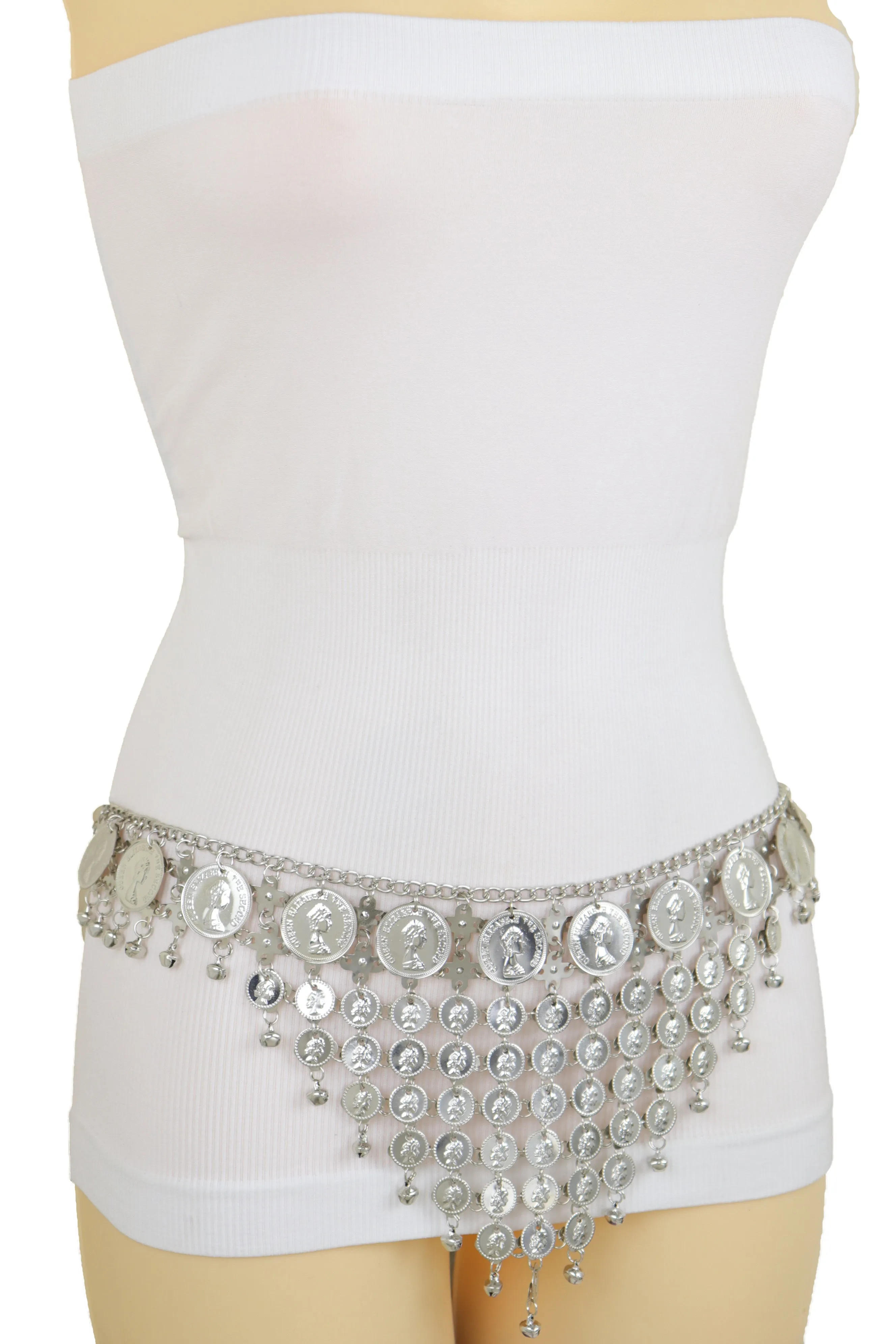 Silver Metal Chain Coin Charms Bling Belt Belly Dance Hip High Waist S M L