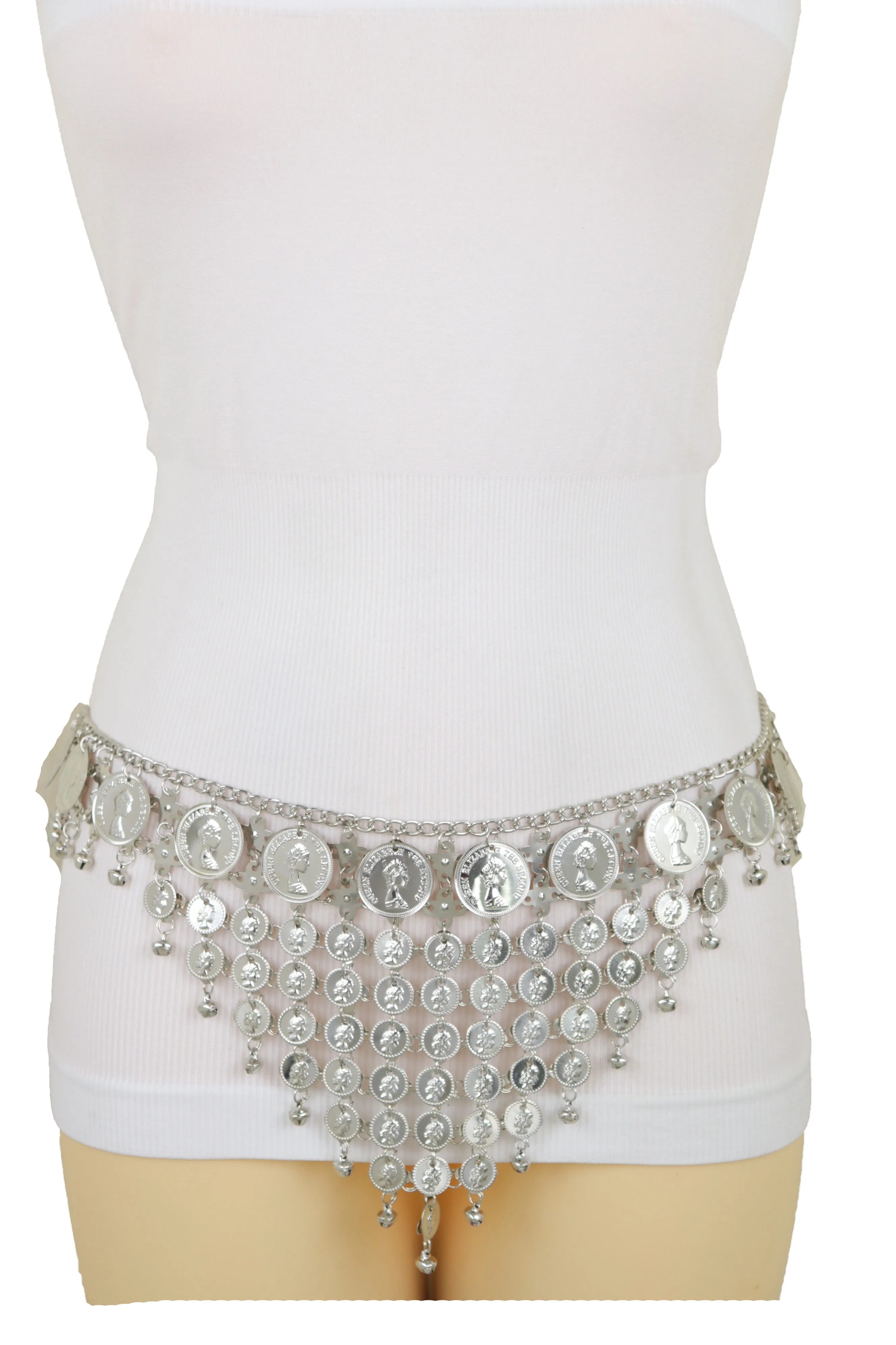 Silver Metal Chain Coin Charms Bling Belt Belly Dance Hip High Waist S M L