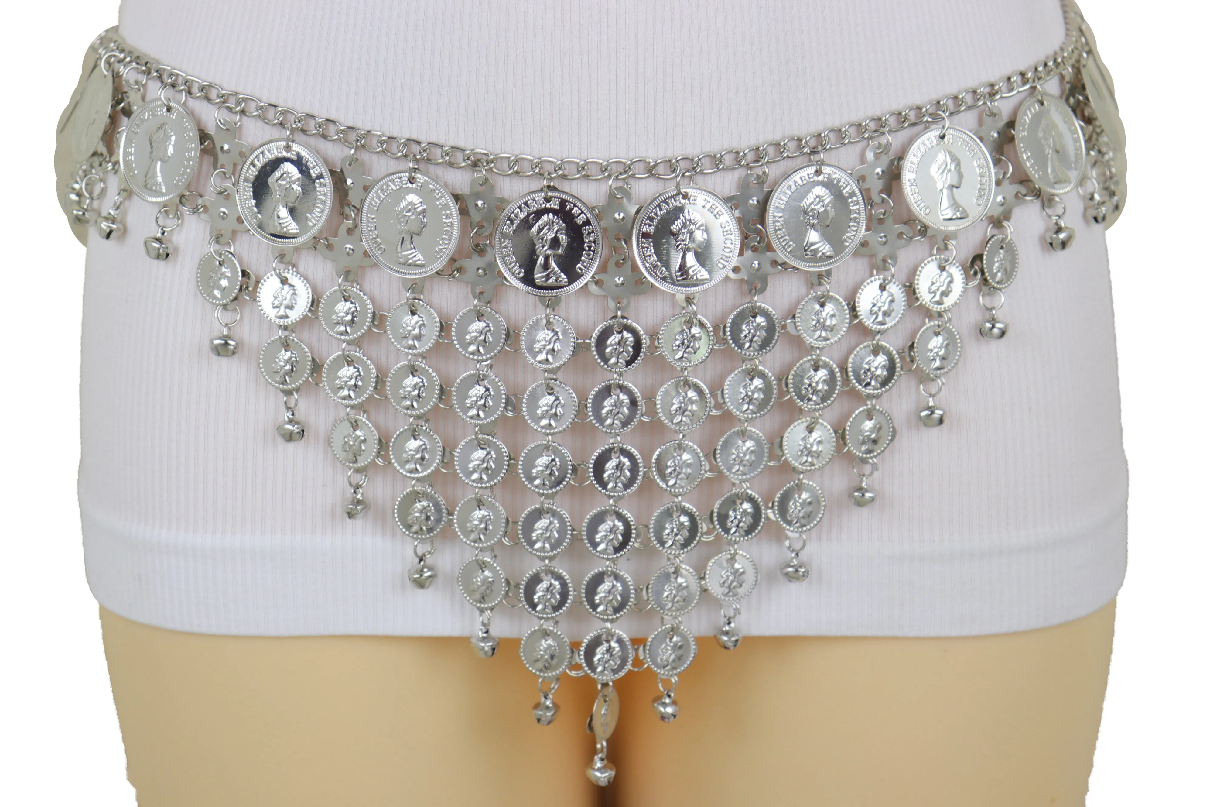 Silver Metal Chain Coin Charms Bling Belt Belly Dance Hip High Waist S M L